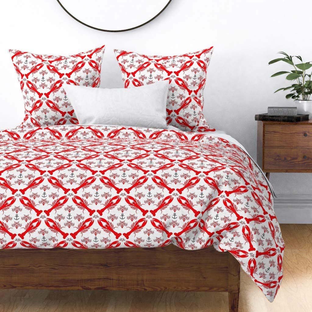 Premium Cotton Sateen Duvet Cover Full/Queen Size - Midcentury Modern Nautical Lobster Print in Red & White | Coastal Beach Theme Bedding for Summer | Custom Home Decor by Spoonflower | Perfect for Guest Rooms, Beach Houses & Coastal-Themed Bedrooms