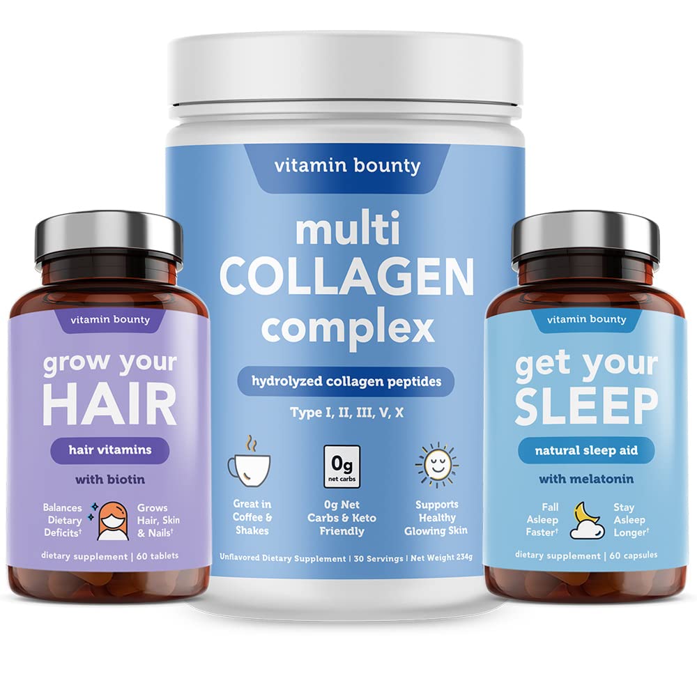 Glow Up Beauty Bundle - Multi Collagen Complex Powder for Skin & Joints, Hair Growth Vitamins with Biotin, Natural Sleep Aid Supplement - Complete Anti-Aging & Wellness Routine (Great for Nighttime Recovery & Morning Radiance)