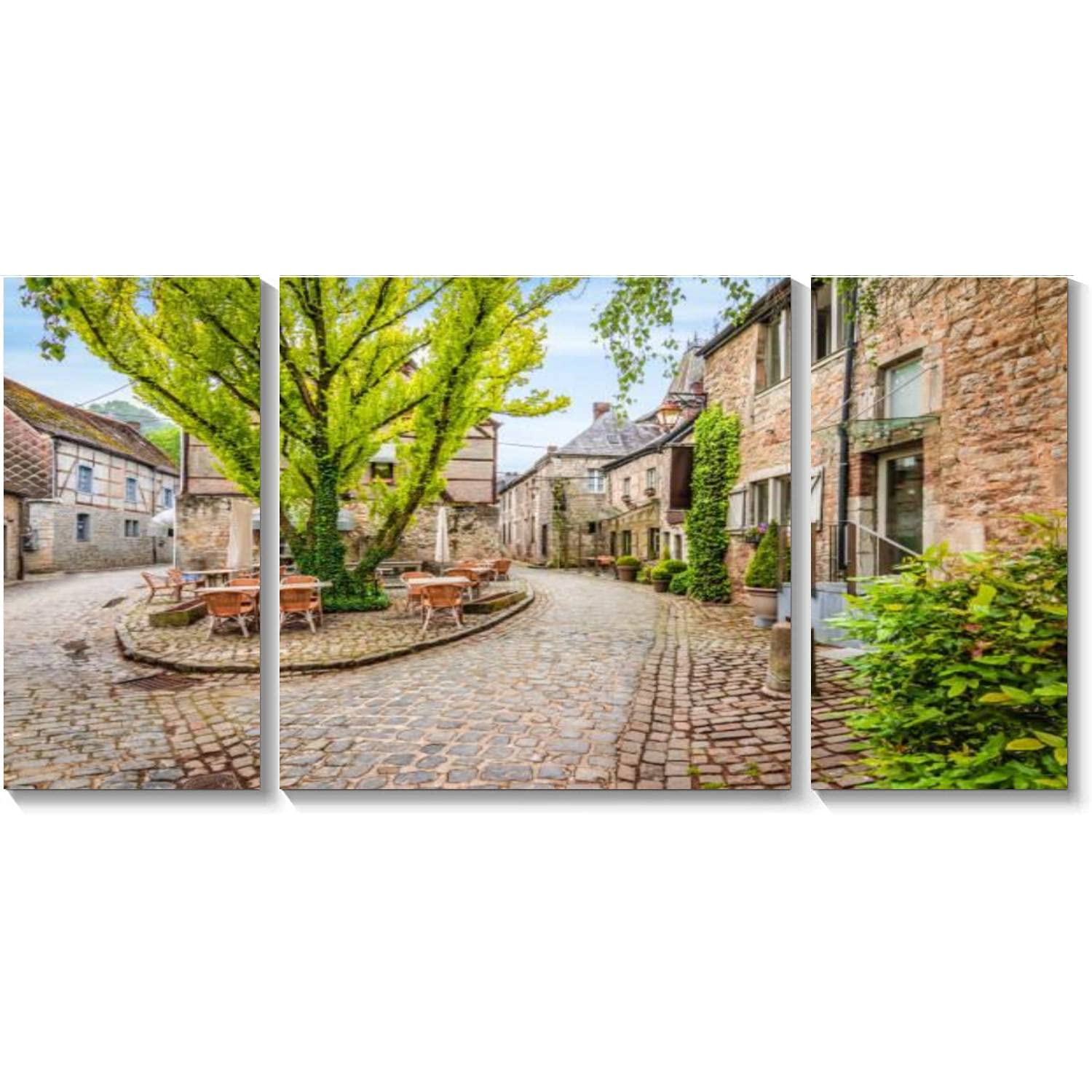BDMPIZLNSF 3-Panel Framed Canvas Wall Art - Cobblestone Street in Old Town Durbuy Belgium - Ready to Hang Painting for Living Room & Bedroom Decor | Perfect for Home, Office & Gift Giving