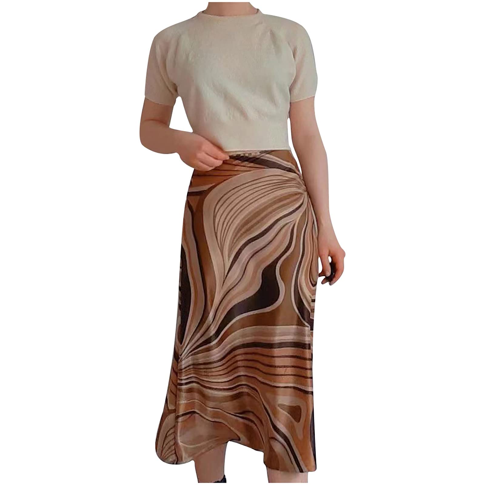 ZILANYGREQ Women's Long Flowy Skirt - Striped Printed Irregular Hem Mid Waist Casual Summer Skirt for Beach, Vacation & Boho Style Outfits