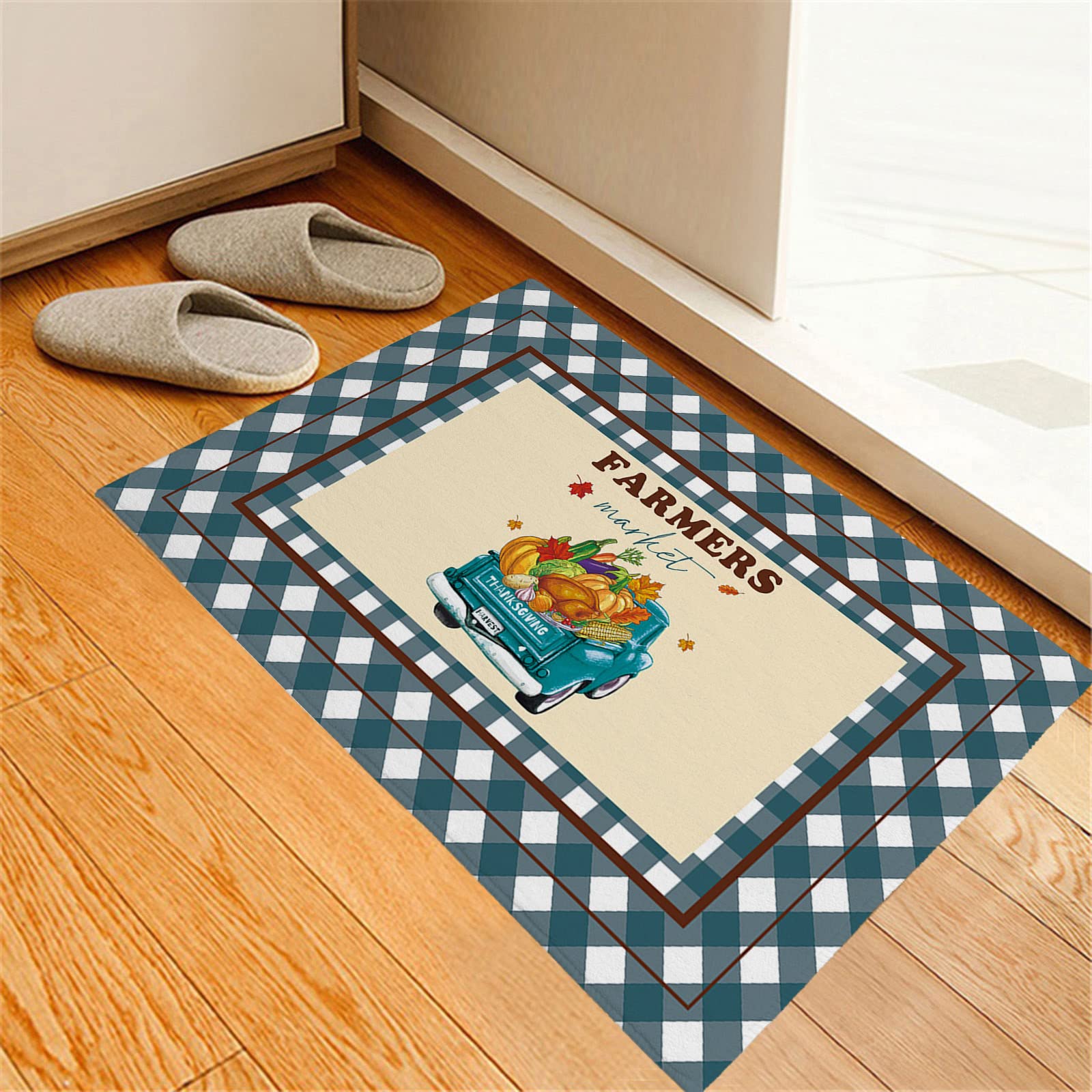 Non-Slip Fall Thanksgiving Doormat - Farmhouse Harvest Truck Buffalo Plaid Entryway Rug 15.7x23.6 Inch, Indoor Welcome Mat for Kitchen, Living Room, Bathroom & Bedroom | Perfect for Autumn Decor and Holiday Home Entrance
