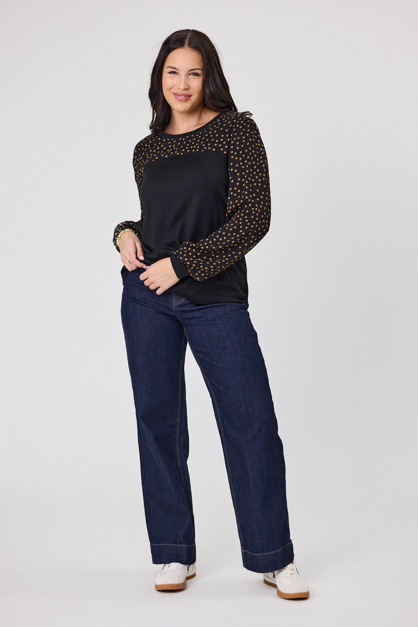 Alpine by Shine On Evelyn Black & Gold Spot Print Contrast Top | Women's Fashion Blouse for Party, Date Night & Casual Outfits