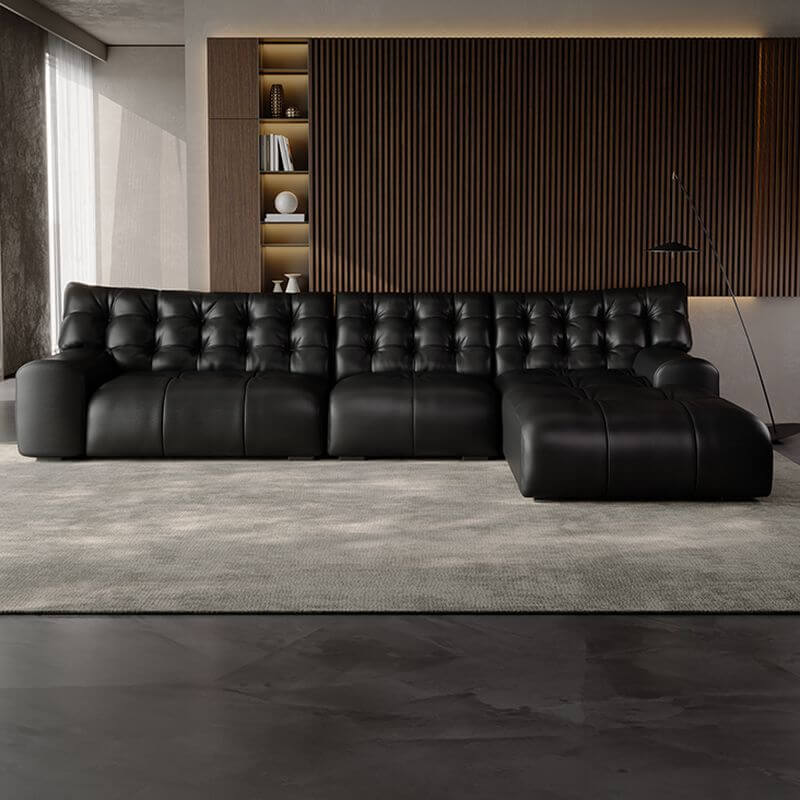 Black L-Shape Sofa Chaise with Tufted Back & Button Details - Modern Living Room Furniture for Small Spaces & Apartments