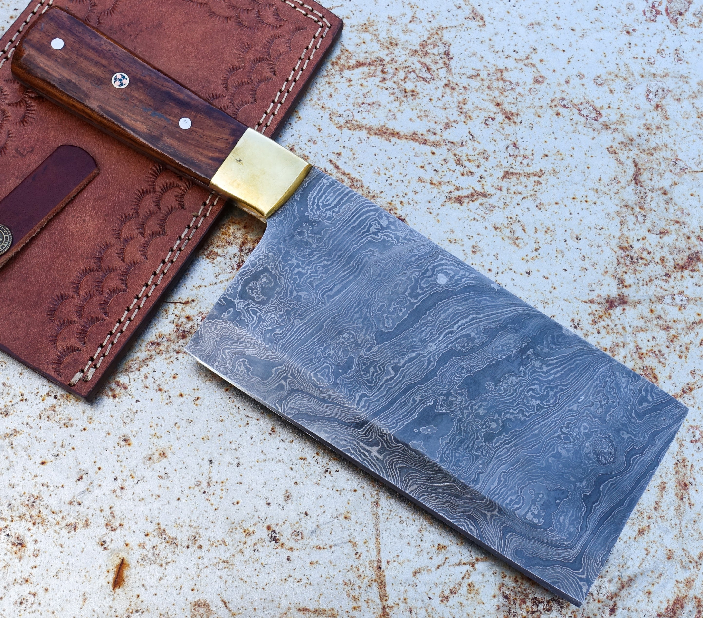 HK Knives 7-Inch Damascus Steel Cleaver with Leather Sheath - Premium Kitchen Knife for Meat Cutting, Vegetable Chopping & Outdoor Cooking