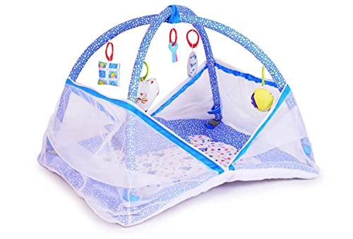 Baby Bedding Set with Mosquito Net & Play Gym - Soft Crib Mattress, Blue Bunny Print Nursery Decor | Perfect for Newborns, Infant Sleep Safety & Playtime
