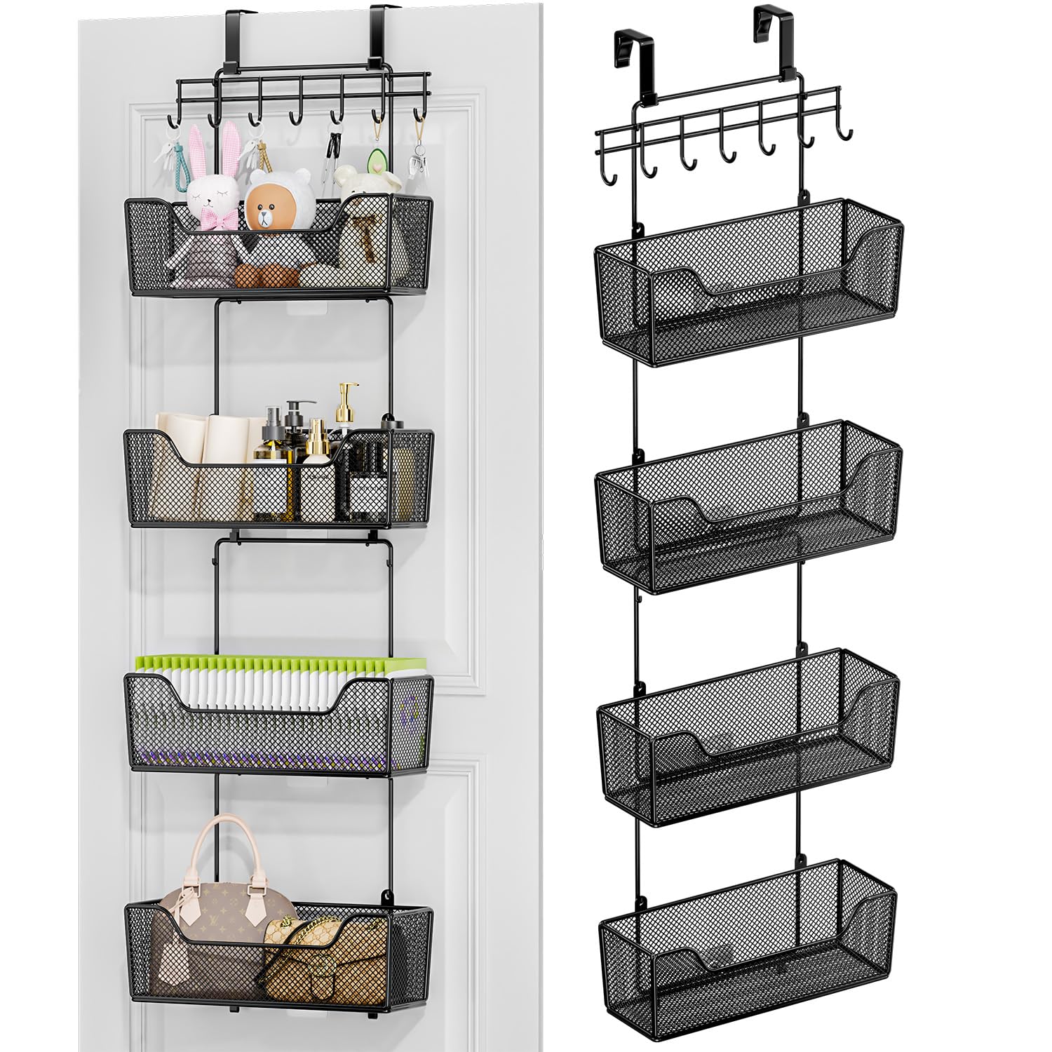 HapiRm Over The Door Organizer - 4-Tier Hanging Storage Organizer with Large Metal Baskets & Adjustable Hook for Bathroom, Bedroom, Kitchen, Pantry - Perfect for Organizing Towels, Toys, Cleaning Supplies & More