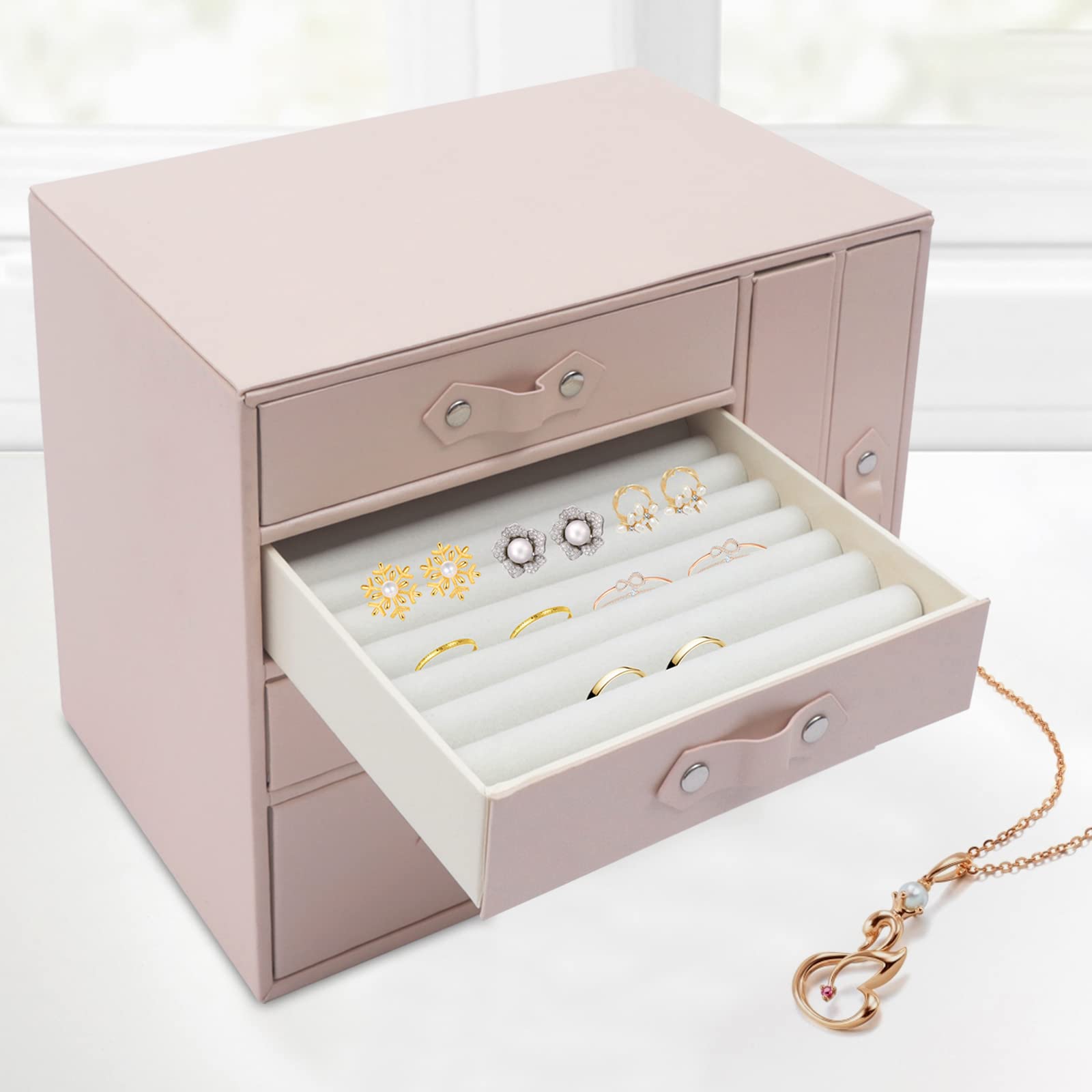 Pink Jewelry Organizer Box with 4 Velvet Drawers - Earring Holder & Necklace Bracelet Watch Display Case - Perfect Gift for Women & Girls - Ideal for Bedroom, Closet & Travel Organization