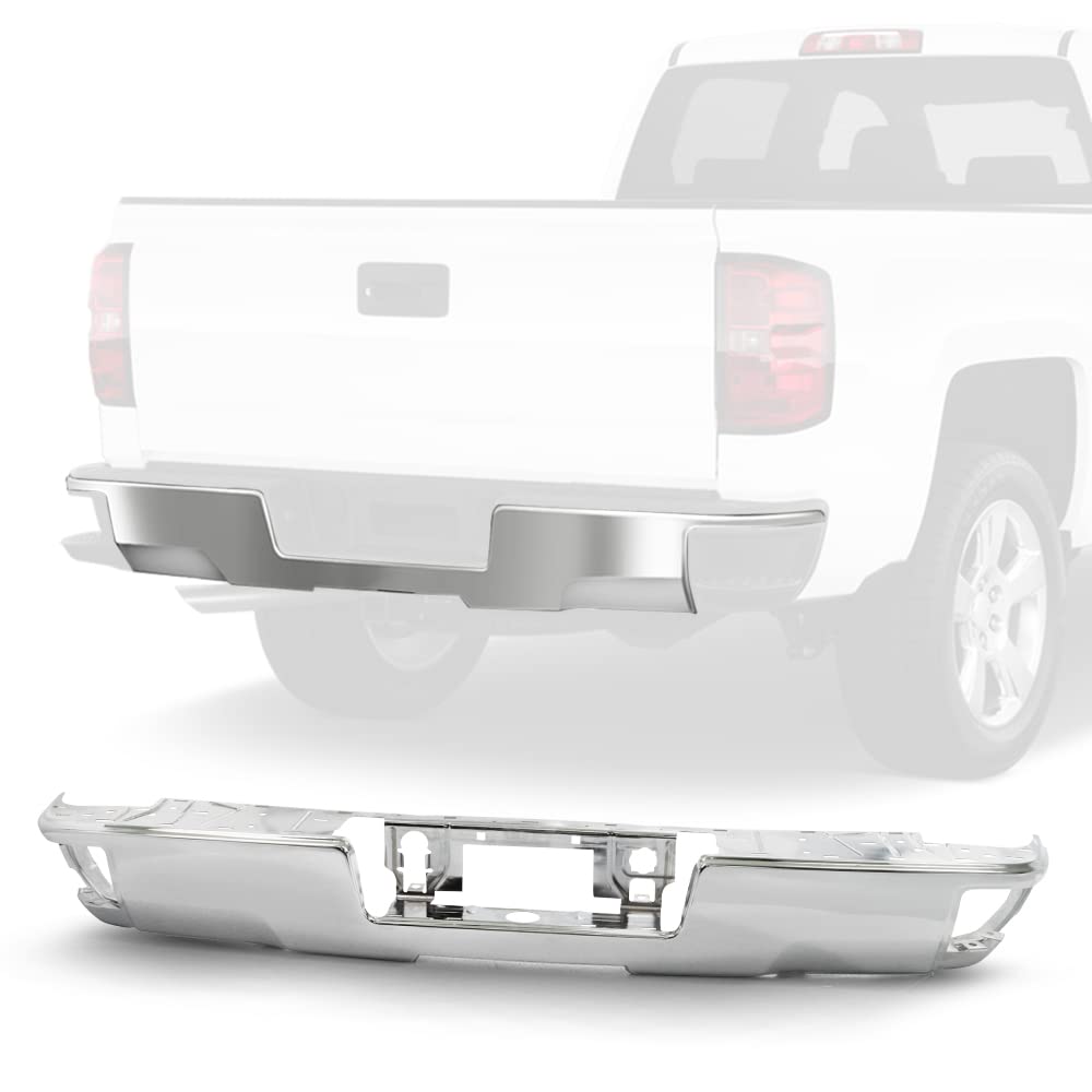 ACANII Chrome Steel Rear Bumper Face Bar for 2014-2018 Chevy Silverado & GMC Sierra 1500 - No Sensor Holes with Corner Holes | Durable Truck Accessory for Off-Road & Towing Protection