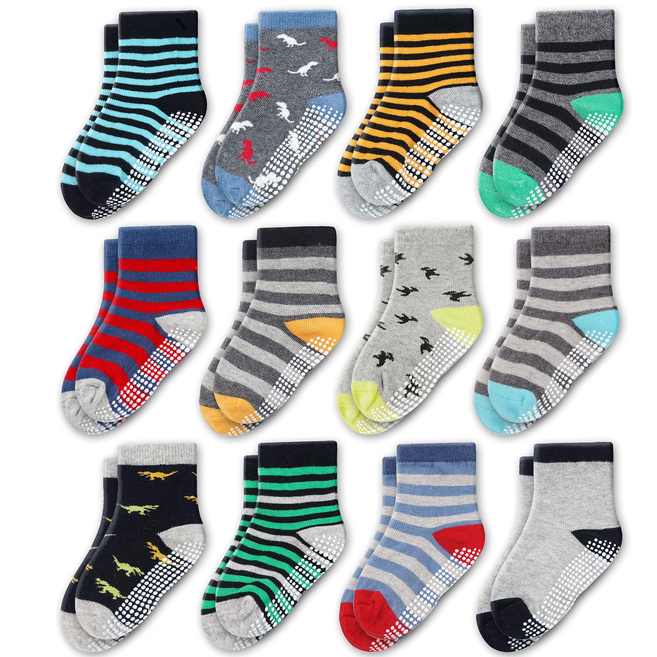 Evercute Non-Slip Grip Socks for Toddlers - 12 Pack Baby Boys & Girls Anti-Skid Socks for Crawling, Walking & Playtime - Soft Cotton Socks for Indoor & Outdoor Activities