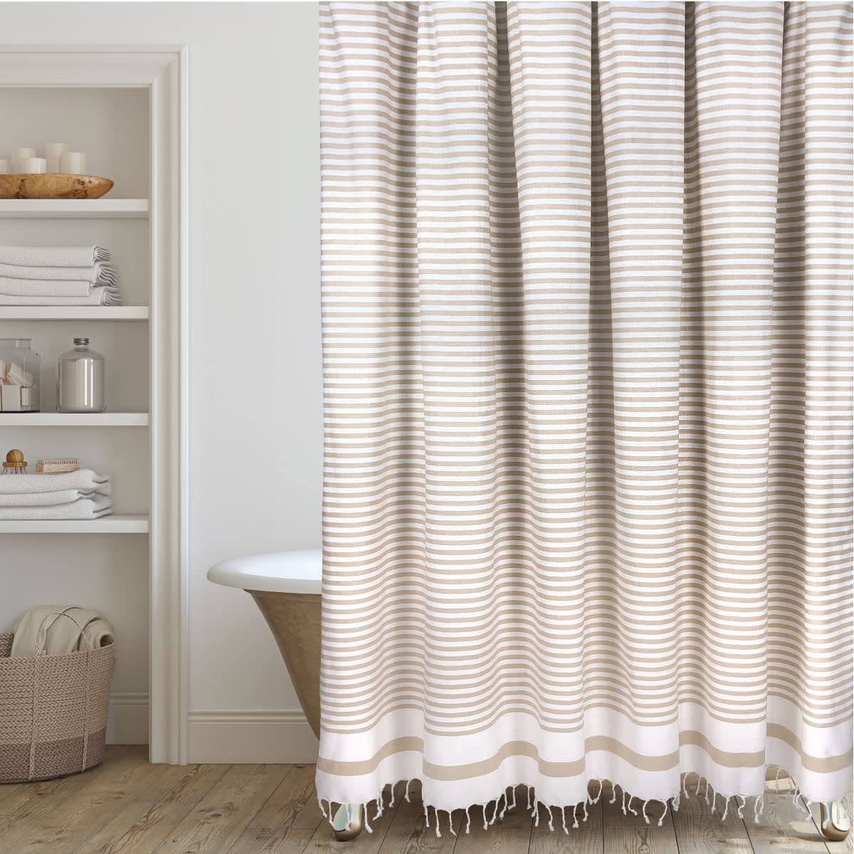 Hall & Perry Modern Catalina Shower Curtain - 100% Cotton Striped Fabric with Tassels, Beige 72x72 Inches, Waterproof Bathroom Decor for Master Bath, Guest Bath & Apartment Living