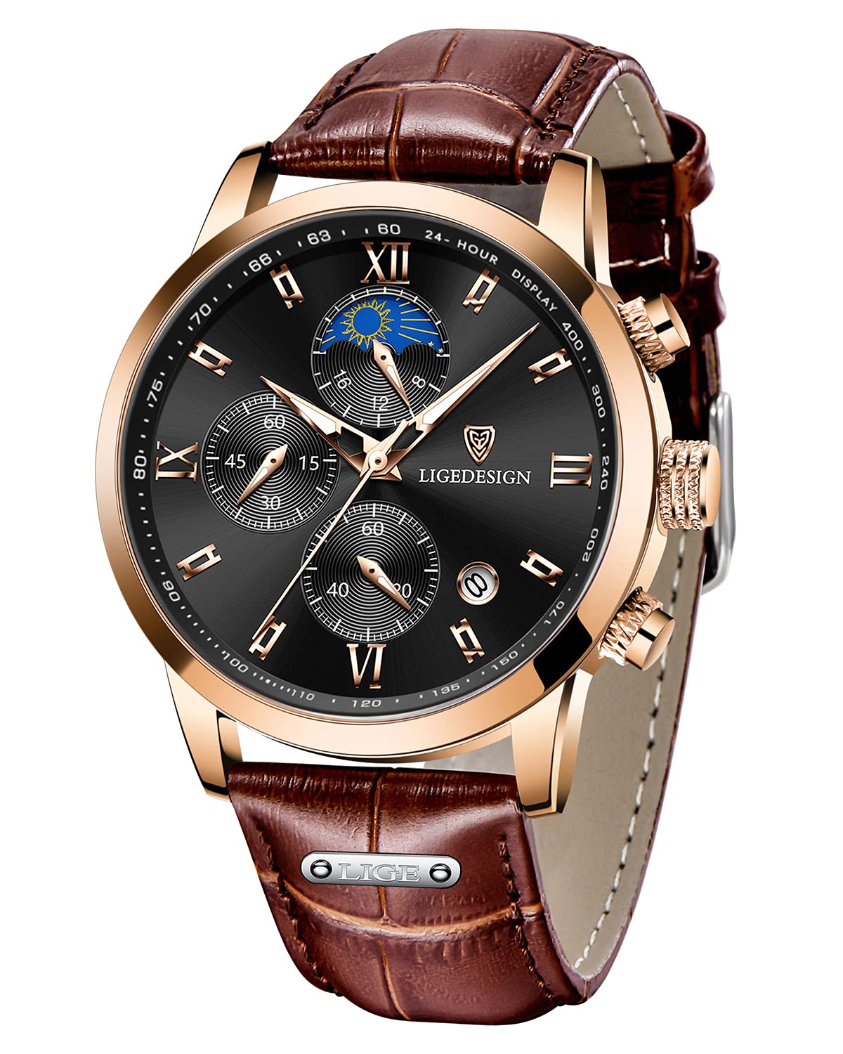 LIGE Stylish Men's Waterproof Moon Phase Chronograph Watch - Luxury Business Dress Analog Quartz Wristwatch with Brown Leather Band for Casual, Office, and Formal Occasions