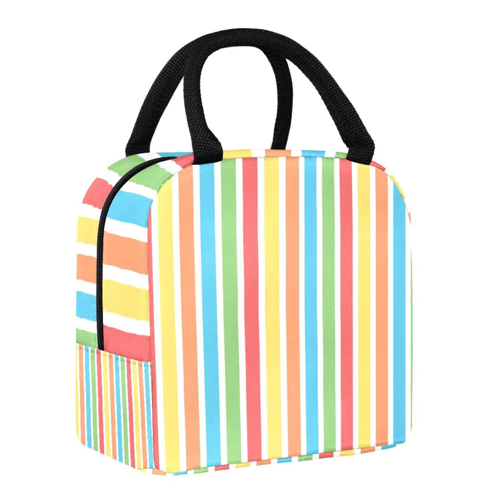 Colorful Stripes Insulated Lunch Box - Reusable Waterproof Bento Bag for Kids & Teens - Red, Yellow, Blue, Green Food Container - Perfect for School, Picnics & Outdoor Activities