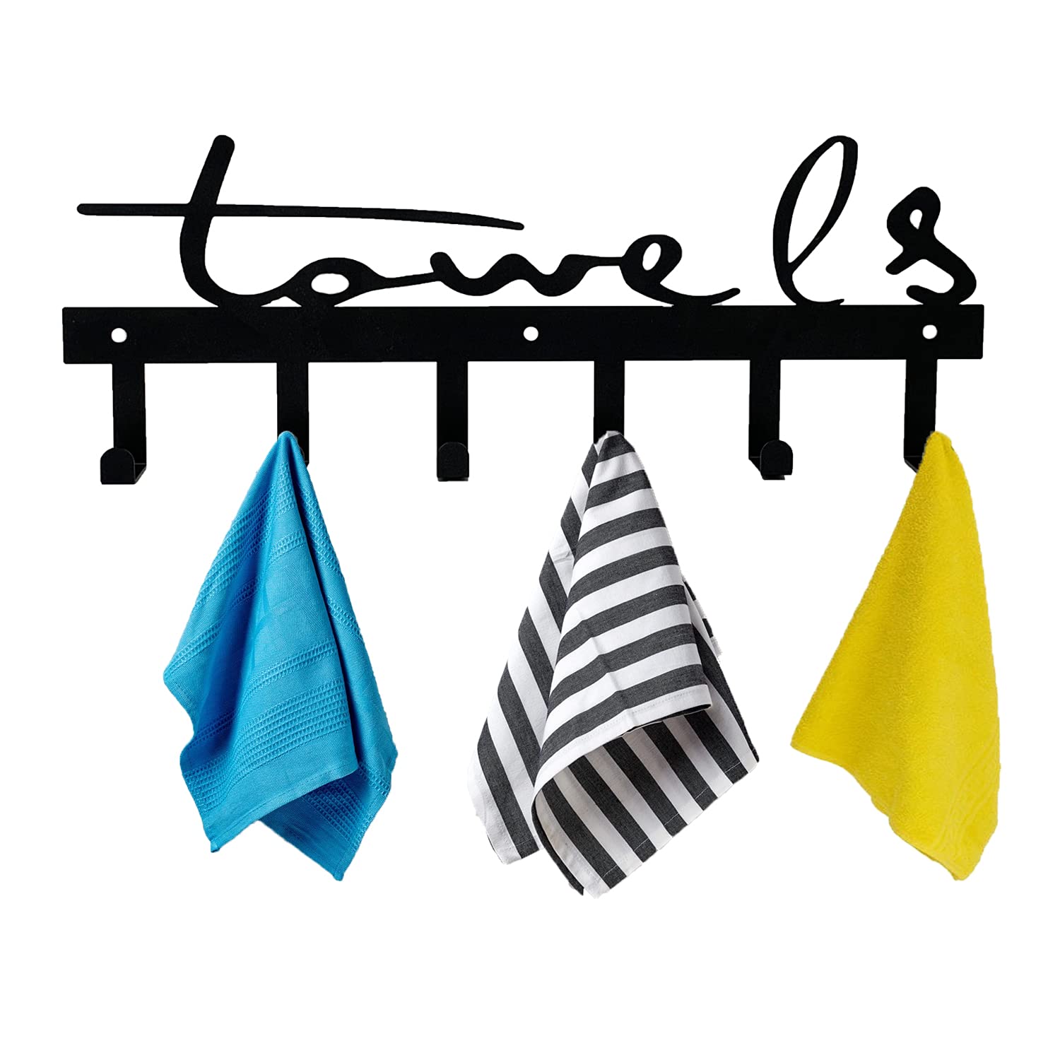 CoCoyes 6-Hook Wall Mounted Towel Rack - Rustproof & Waterproof Metal Bathroom Towel Holder with Art Word Design - Perfect for Kitchen, Bathroom, or Bedroom Organization (Black)