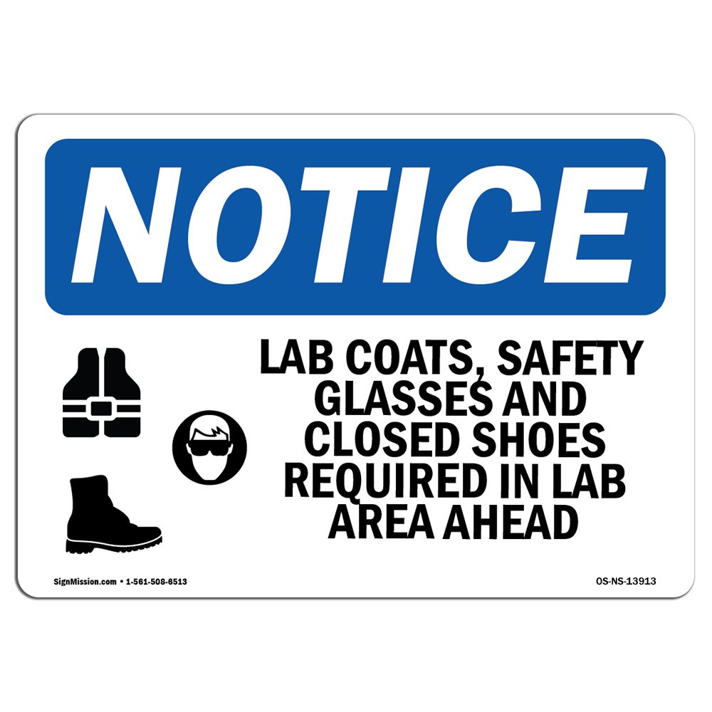 OSHA Notice Signs - Lab Coats, Safety Glasses & Symbol Signs | Durable Vinyl Label Decals for Workplace Safety | Made in USA | Ideal for Laboratories, Construction Sites & Industrial Facilities