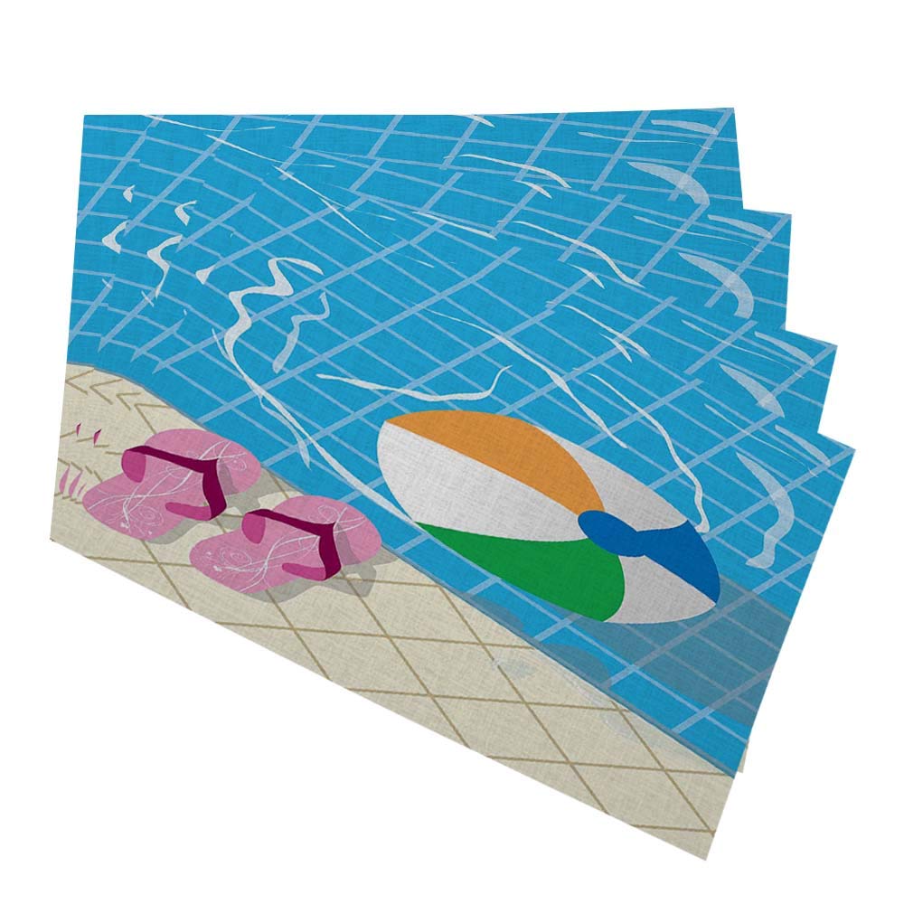 HOSNYE 4-Pack Waterproof Beach-Themed Placemats - Non-Slip Poolside Dining Mats, Washable Fabric Table Mats for Summer, Outdoor & Indoor Use - Perfect for Backyard BBQs, Beach Parties, and Poolside Dining