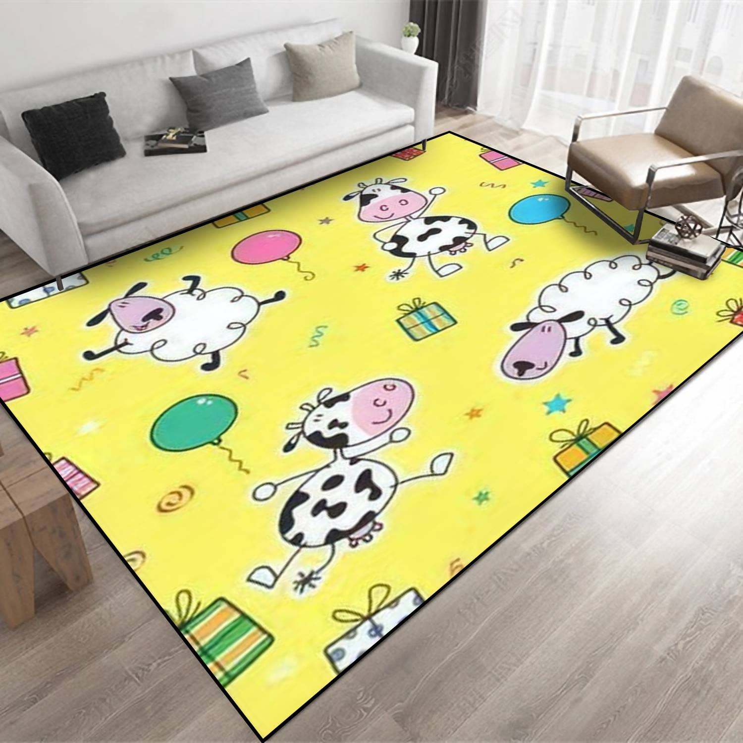 6x9 Soft Washable Kids Nursery Rug - Cartoon Cow & Sheep Design with Gifts & Balloons, Indoor Outdoor Area Carpet for Living Room, Bedroom, Kitchen, Entryway - Perfect for Playrooms, Daycare Centers & Children's Bedrooms