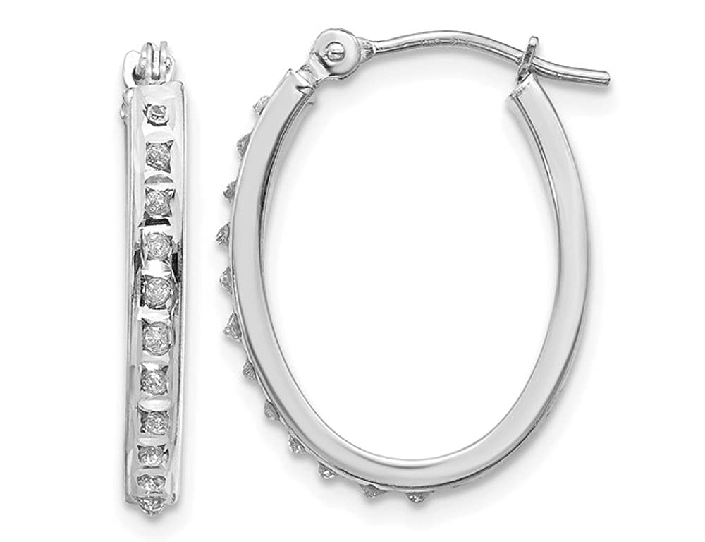 14K White Gold Diamond Oval Hoop Earrings for Women - 3/4 Inch Elegant Dangle Earrings for Wedding, Party & Everyday Wear