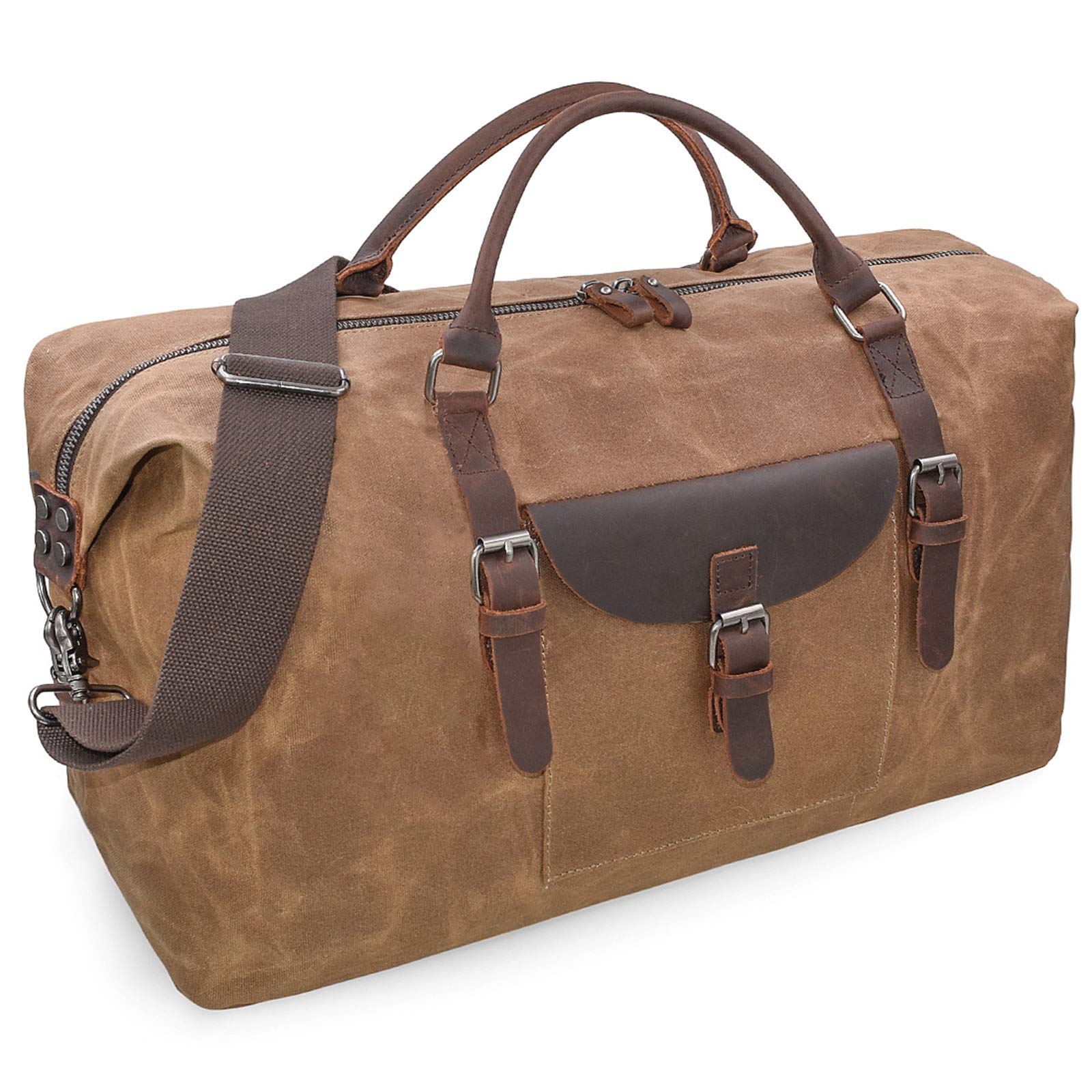 Premium Oversized Travel Duffel Bag - Waterproof Canvas & Genuine Leather Weekender Overnight Bag - Carry On Luggage for Gym, Beach, Camping & Weekend Getaways (Brown)