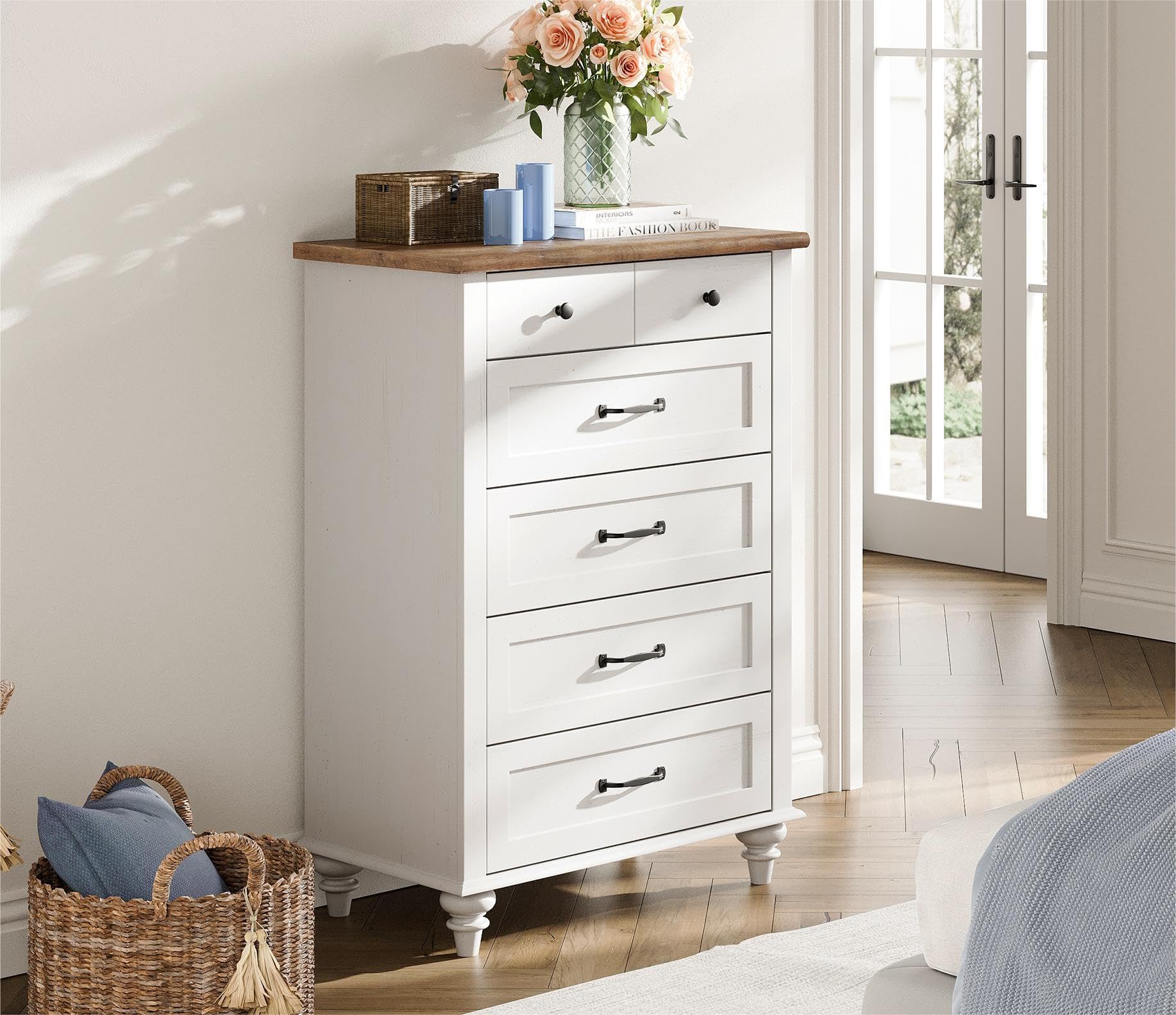Modern White Dresser with 5 Drawers - Solid Wood Legs for Bedroom Storage | Farmhouse Kids Dresser Organizer