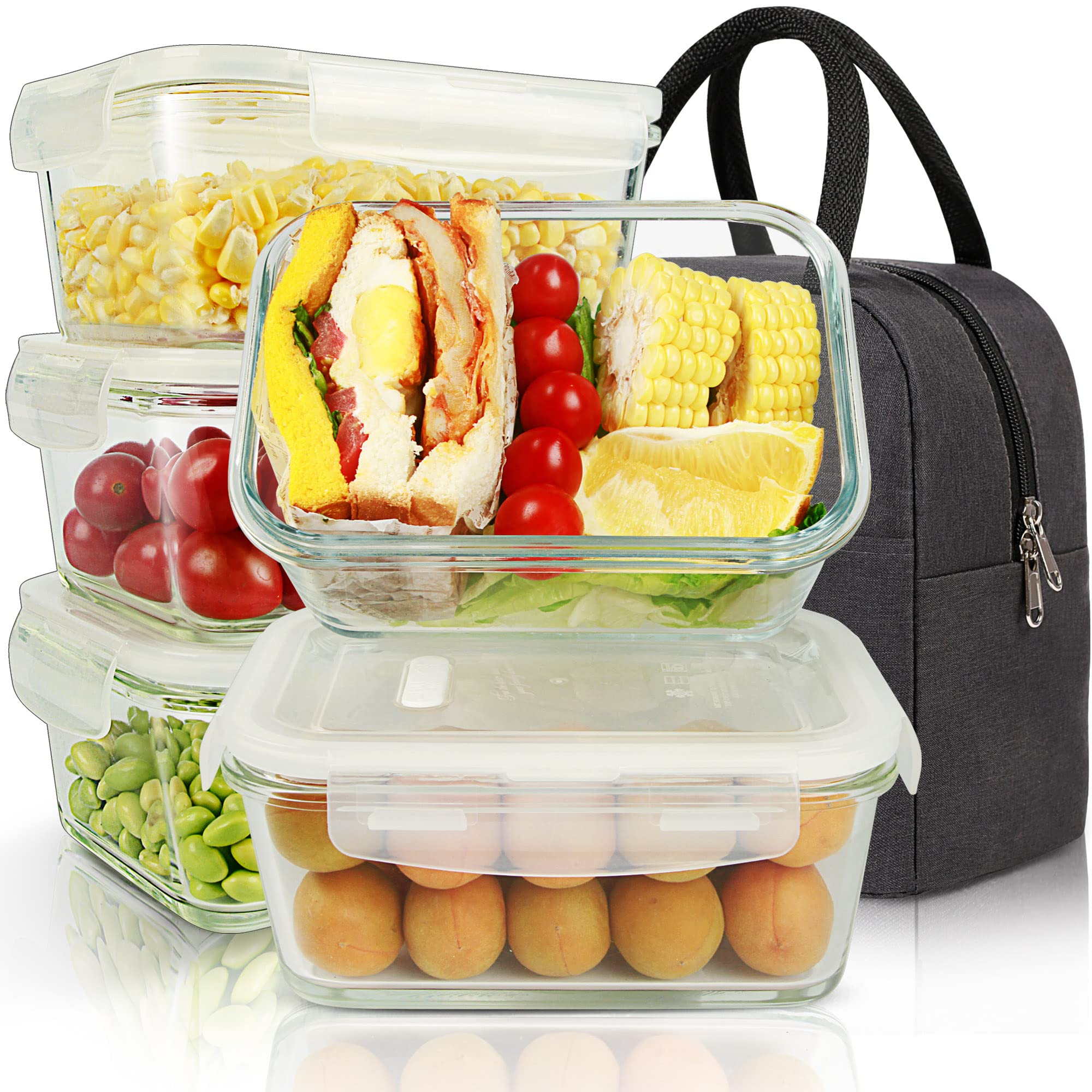 5-Pack 36 Oz Glass Meal Prep Containers with Locking Lids - Airtight Food Storage Containers for Lunch, Microwave, Oven, Freezer & Dishwasher Safe (4.5 Cup, White) - Perfect for Meal Prepping, Leftovers & Office Lunches