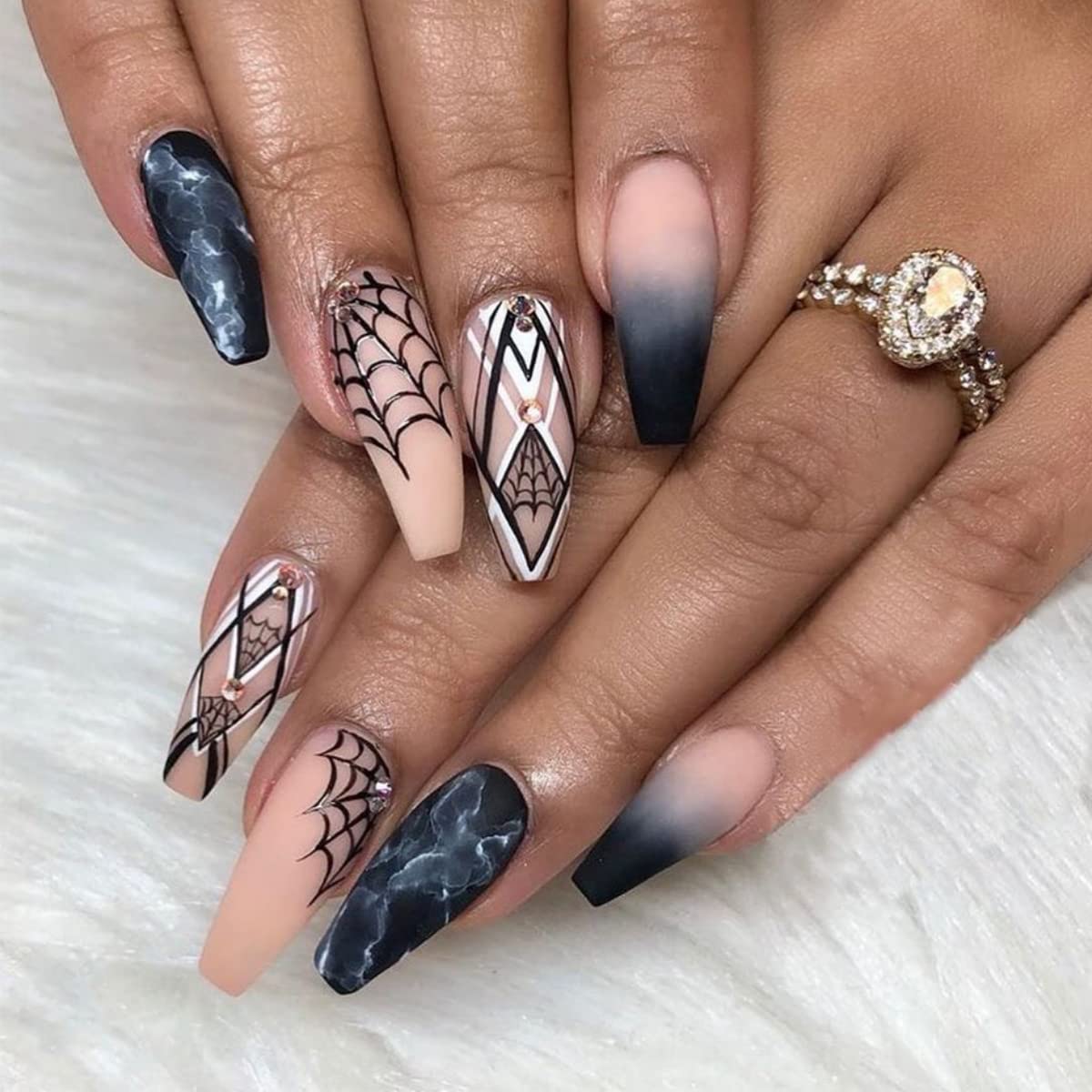 Halloween Press on Nails - 24Pcs Long French Fake Nails with Black Spider Web & Crystal Rhinestone Designs, Matte Acrylic Glue on Nails for Women & Girls | Perfect for Halloween Parties, Costume Events & Fall Nail Art