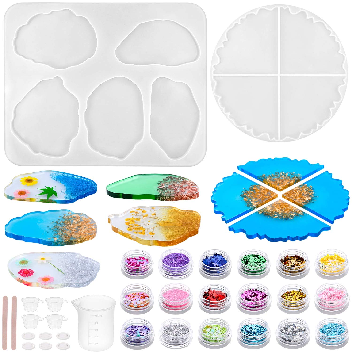 33Pcs Silicone Resin Coaster Molds Kit - DIY Agate Coaster Molds for Resin Casting with Circle Molds, Glitters, Measuring Cups & Finger Cots - Perfect for Home Decor, Gift Making & Craft Projects