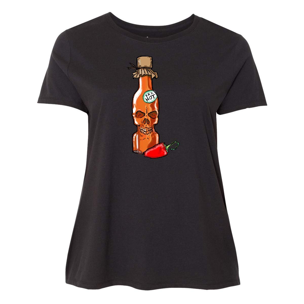Inktastic Hot Sauce Skull Bottle with Pepper Women's Plus Size T-Shirt | Spicy Food Lover Graphic Tee for Casual Wear & Gift