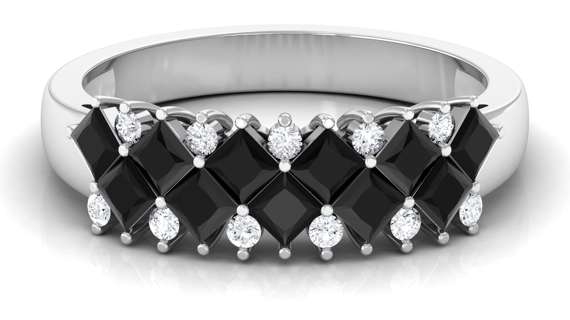 14K Solid Gold Black Spinel Band Ring - Princess Cut Wide Gold Ring with Black Spinel & Diamonds | Elegant Jewelry for Women, Perfect for Weddings, Anniversaries & Special Occasions