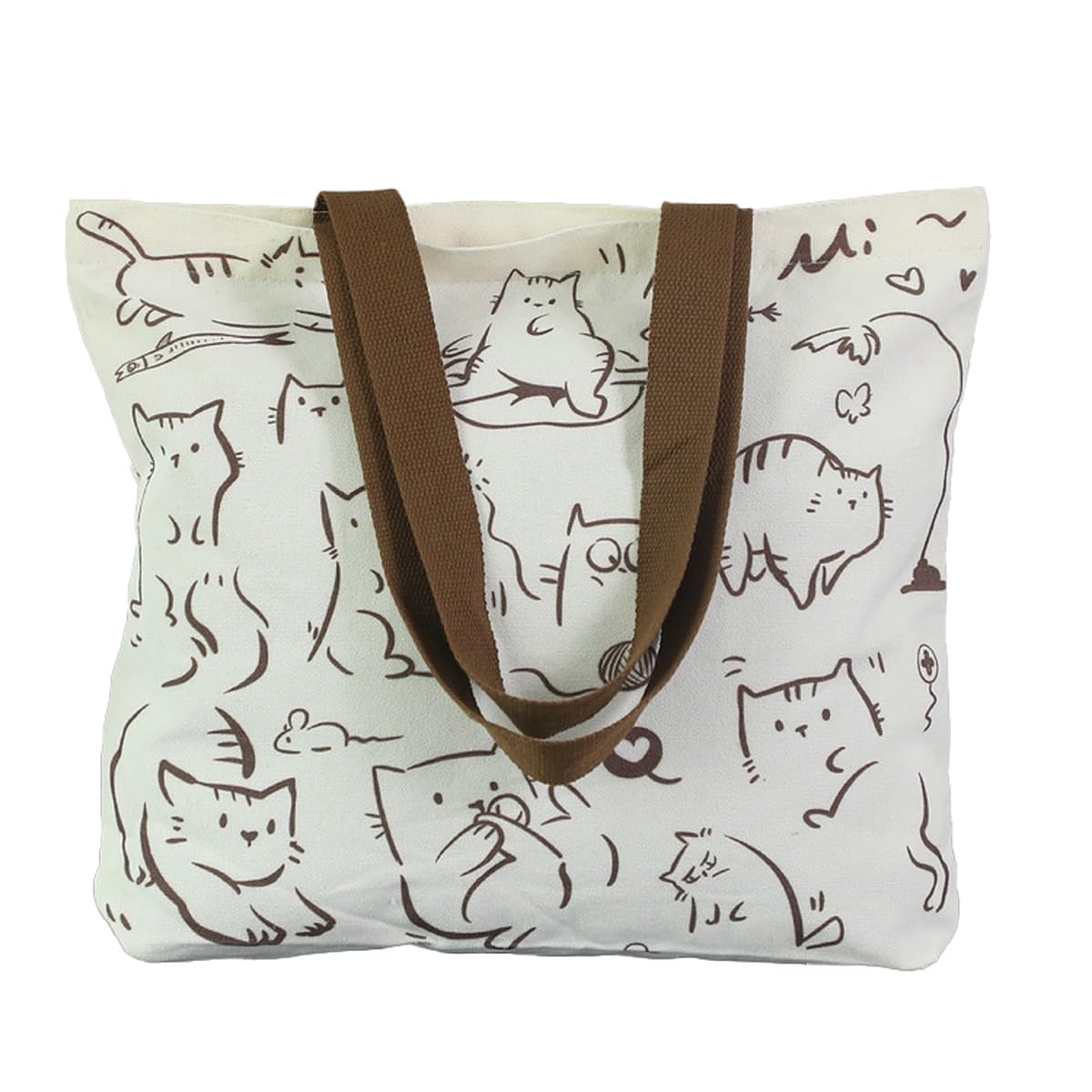 Wolpin Women's Reusable Cotton Tote Bag with Zipper Pocket - Eco-Friendly Grocery Shopping Bag, Shoulder Handbag for Travel & Daily Use (Funny Cat Design, Beige) - Perfect for Groceries, Beach Trips & Work Commute