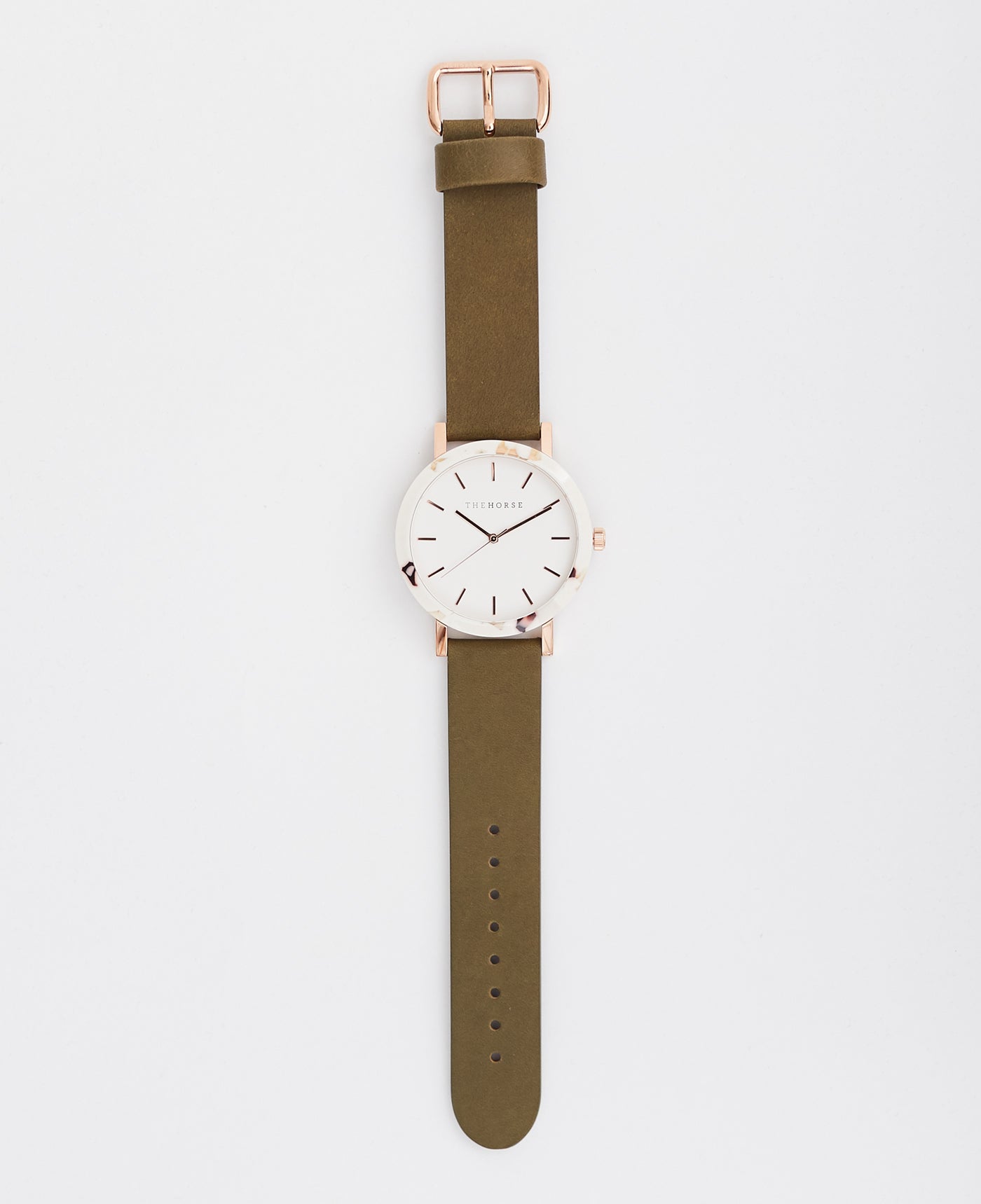 Luxury Resin Nougat Watch Case - White Dial with Rose Gold Indexes & Olive Leather Strap - Perfect for Formal Events, Business Meetings, and Everyday Elegance
