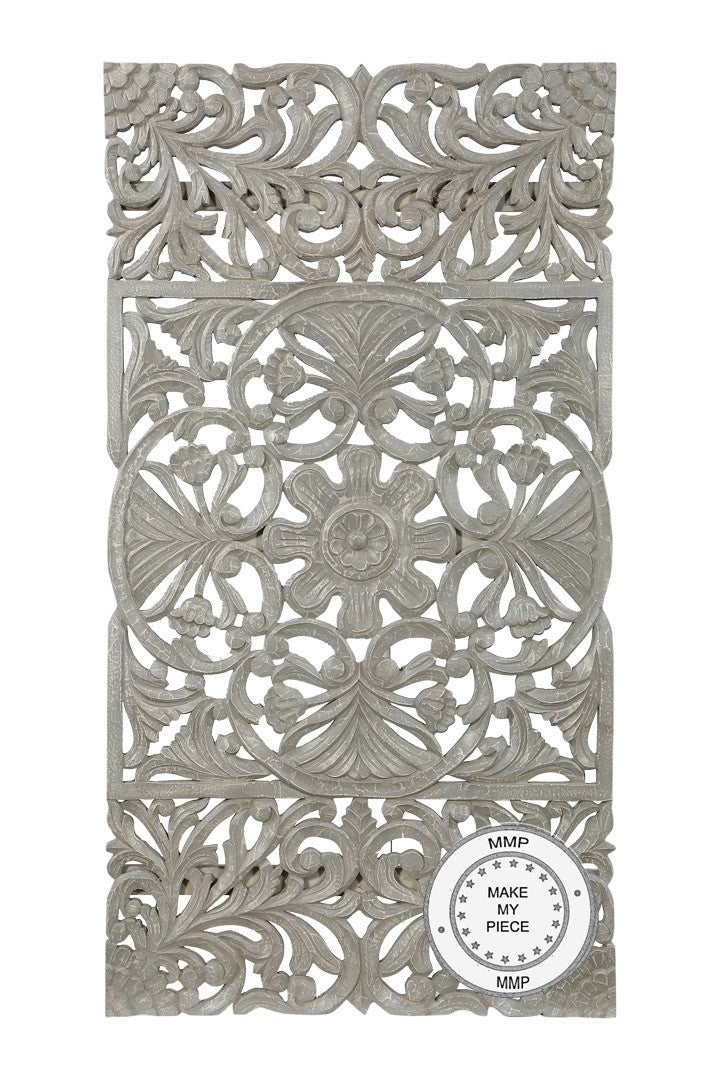 Hand Carved Indian Solid Wood Oriental Carved Panel - Gray - Decorative Wall Art for Living Room, Bedroom & Office Decor