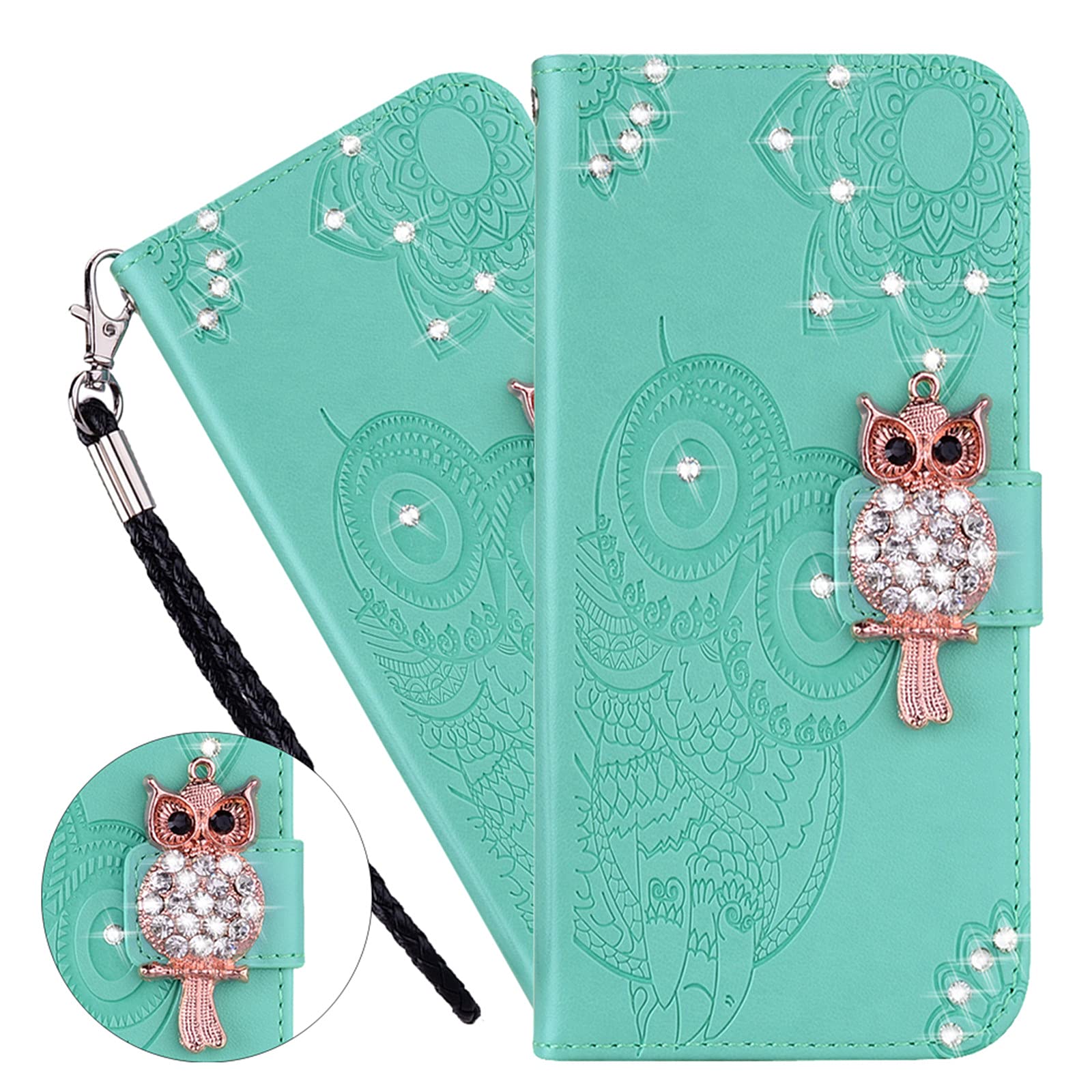 **Bling Diamond PU Leather Wallet Phone Case with Wrist String for iPhone 13 Pro Max 6.1