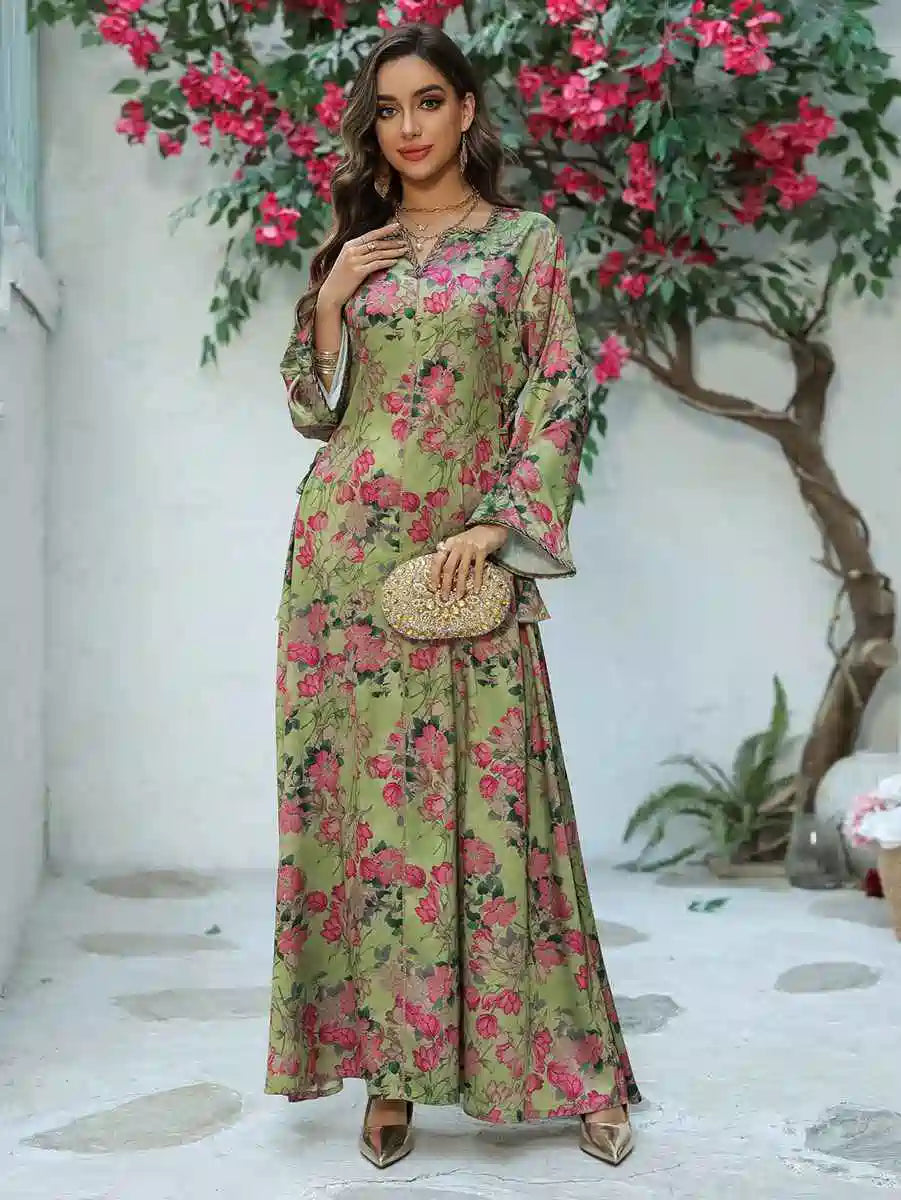 Elegant Eid Printed Hotfix Rhinestone Caftan Dress for Women - Perfect for Celebrations, Parties & Special Occasions | Stunning Embellished Kaftan for Festive Events & Holiday Gatherings