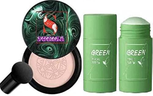Mwezi BB & CC Cream Foundation with Mushroom Head Air Cushion (20g) + Green Tea Stick Mask - 2 Pack Set for Flawless Makeup & Skincare | Perfect for Daily Use, Travel & On-the-Go Touch Ups