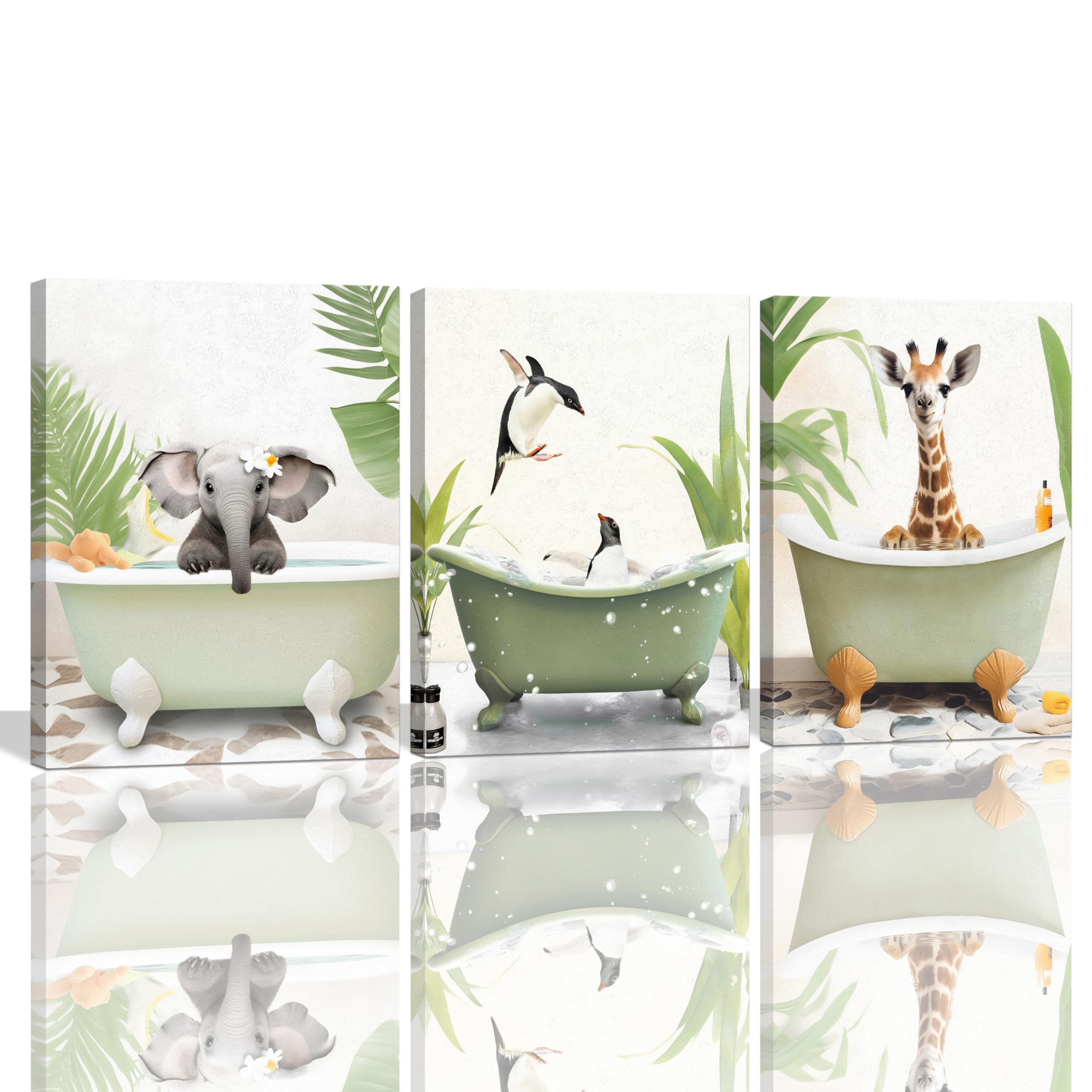 Funny Animal Bathroom Wall Art - Giraffe, Penguin, Elephant Decor Set of 3 (12x16in) for Kids' Bathroom