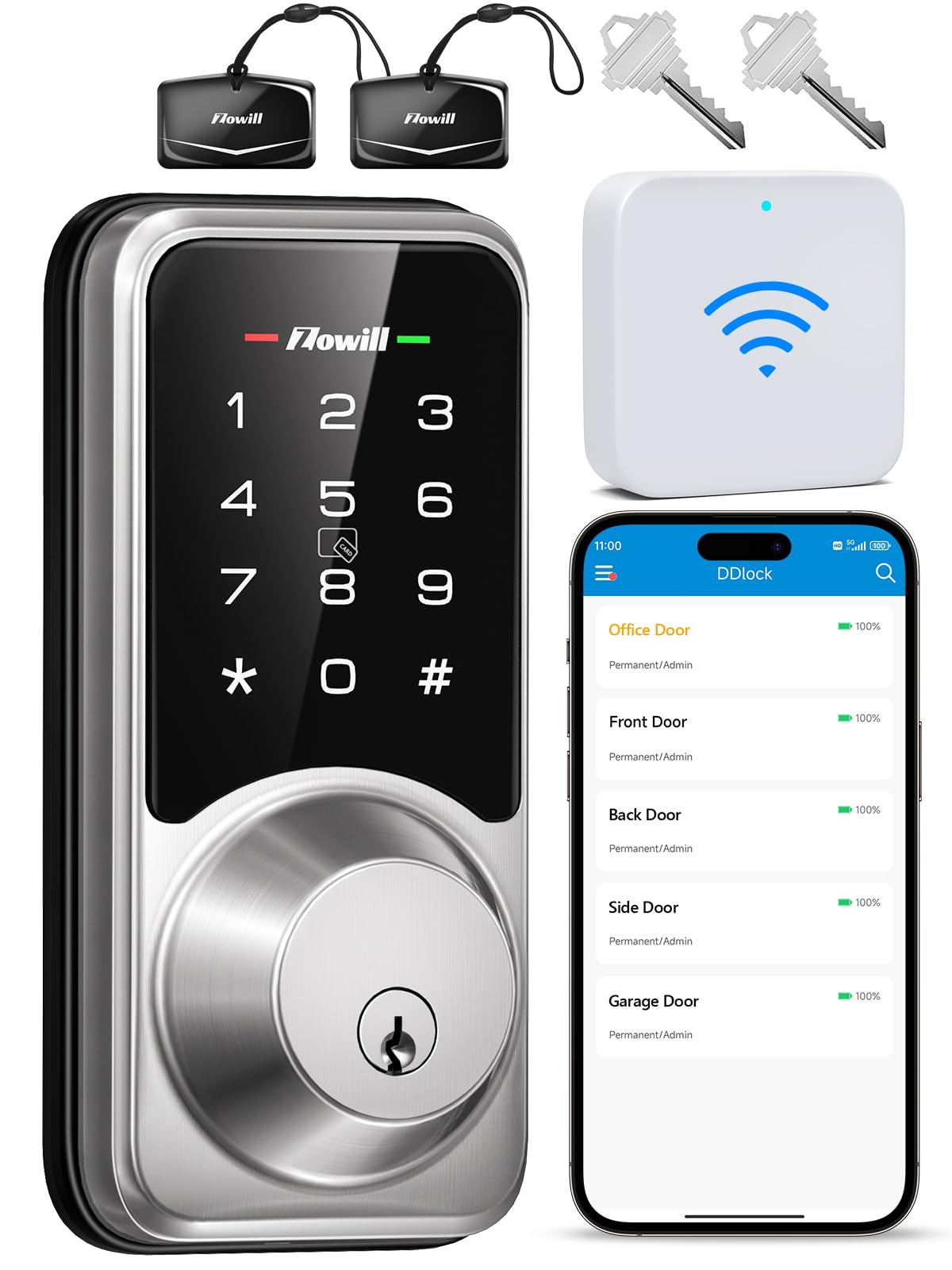 Zowill WiFi Smart Lock - Keyless Entry Door Lock with APP Control, Touchscreen Keypad, Auto-Lock Smart Deadbolt for Front Door - Home Security (Includes G2 Gateway) - Perfect for Vacation Homes, Rentals & Smart Home Integration