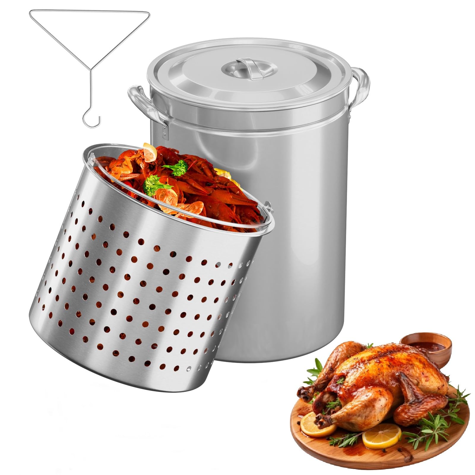 ROVSUN 44-Quart Stainless Steel Turkey Fryer Pot with Basket, Lid & Hook - Large Outdoor Cooking Pot for Turkey, Seafood Boil, Crawfish, Crab, Lobster & Shrimp - Perfect for Backyard BBQs, Camping & Holiday Feasts
