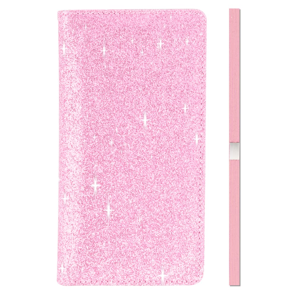 Sparkly Glitter Checkbook Cover for Women & Girls - Bling PU Leather RFID Blocking Checkbook Holder with Pen Loop & Elastic Strap | Fits Top/Side Tear Checks | Perfect for Everyday Banking, Bill Payments & Gift Giving (Pink)
