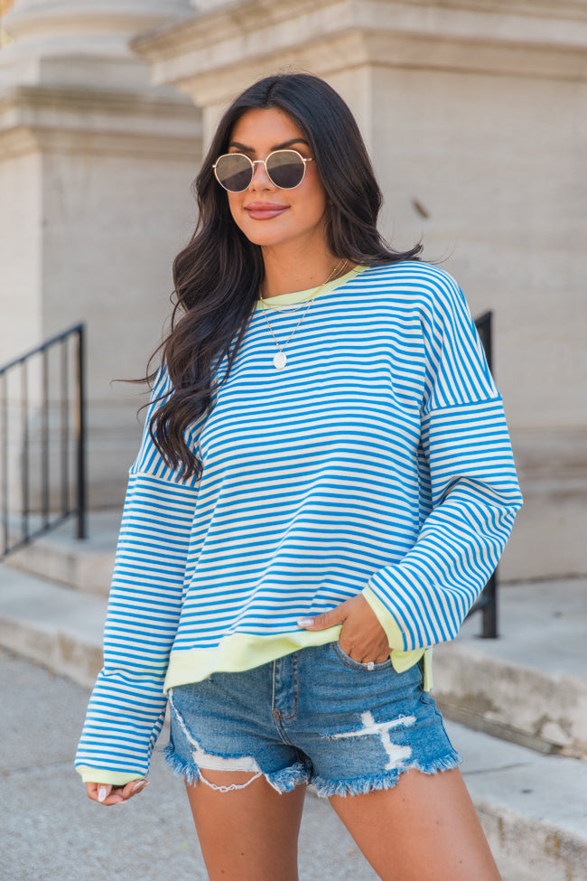 Think On It Blue Striped Contrast Trim Pullover Sweater | Cozy Casual Wear for Women | Perfect for Fall & Winter Layering