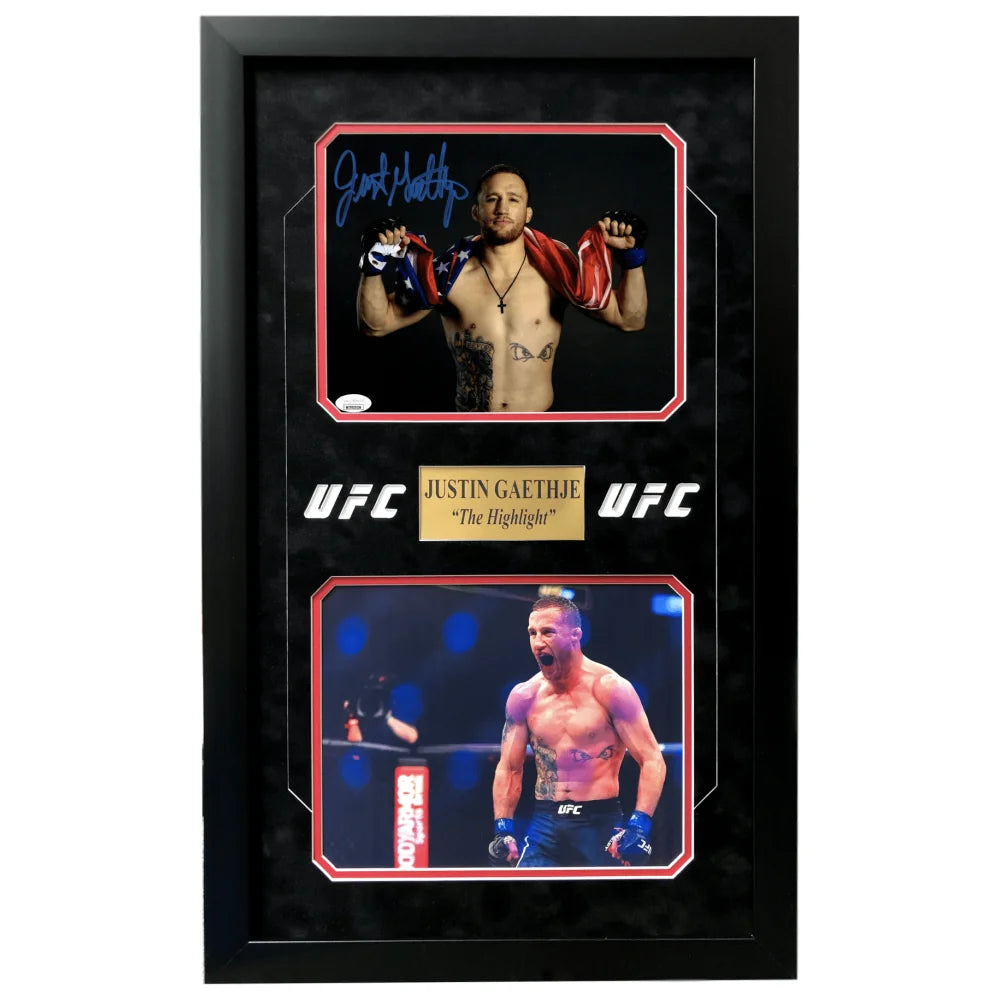 Justin Gaethje Signed UFC Framed 8x10 Photo Collage with JSA COA Autograph - USA Flag Display - Perfect for MMA Fans, Sports Memorabilia Collectors, and Man Cave Decor
