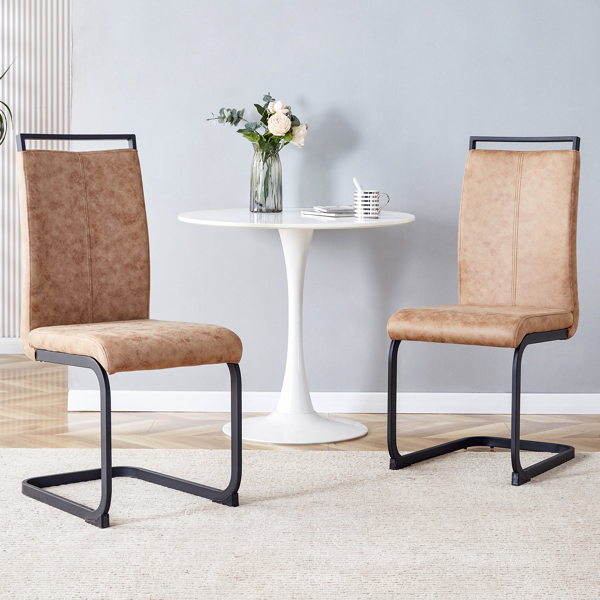 High Back Upholstered Dining Chairs Set of 2 - Modern Tech Fabric C-Shaped Tube Design with Black Metal Legs for Kitchen, Dining Room, Office, Patio & Guest Seating | Comfortable & Stylish Brown Chairs for Home Decor