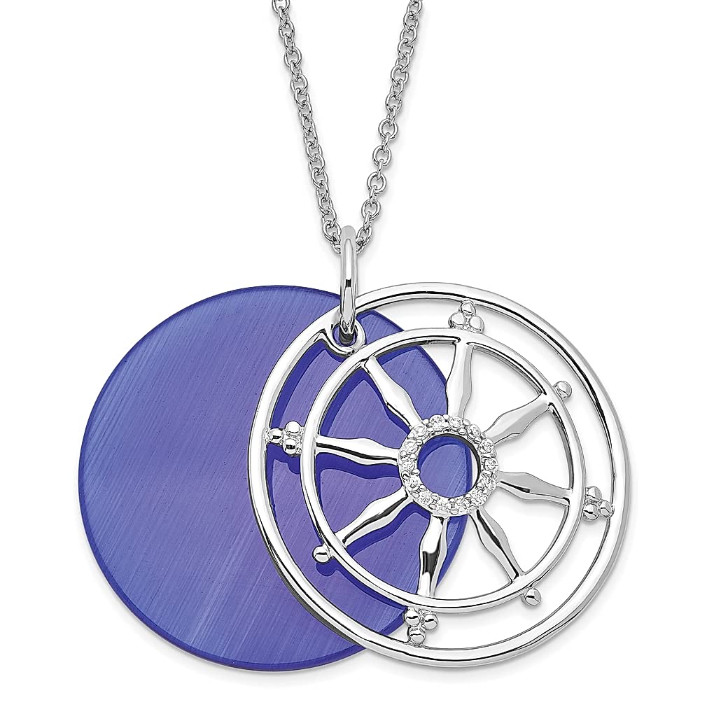 925 Sterling Silver Cubic Zirconia CZ Simulated Cat Eye Stay On Target Ship's Wheel Chain Necklace - Inspirational Nautical Jewelry for Women, Perfect Gift for Her - Ideal for Beach Vacations, Travel & Everyday Wear