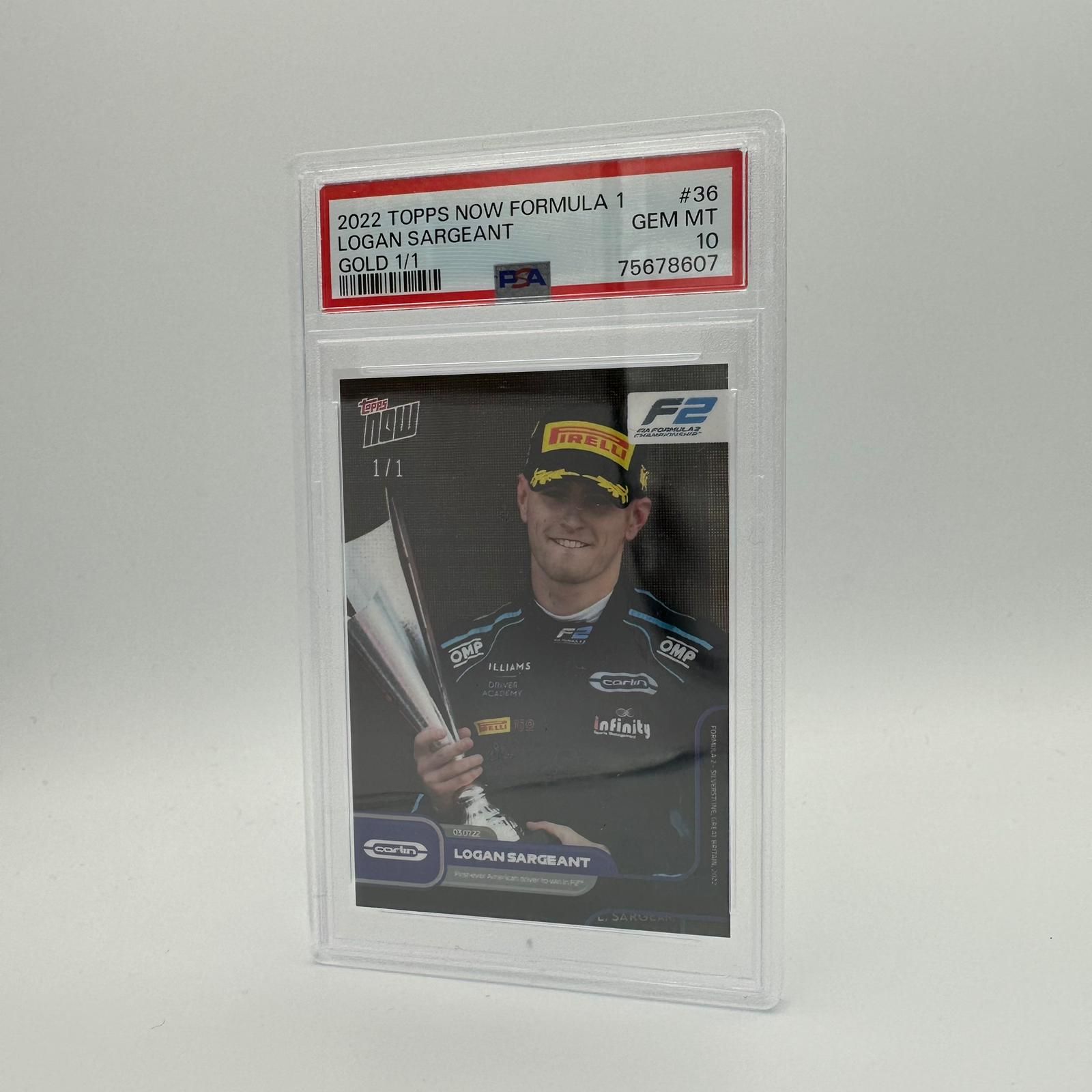 PSA 10 Logan Sargeant 1/1 First American F2 Champion #036 Gold Parallel - Rare Racing Collectible for F1 Fans & Sports Memorabilia Enthusiasts