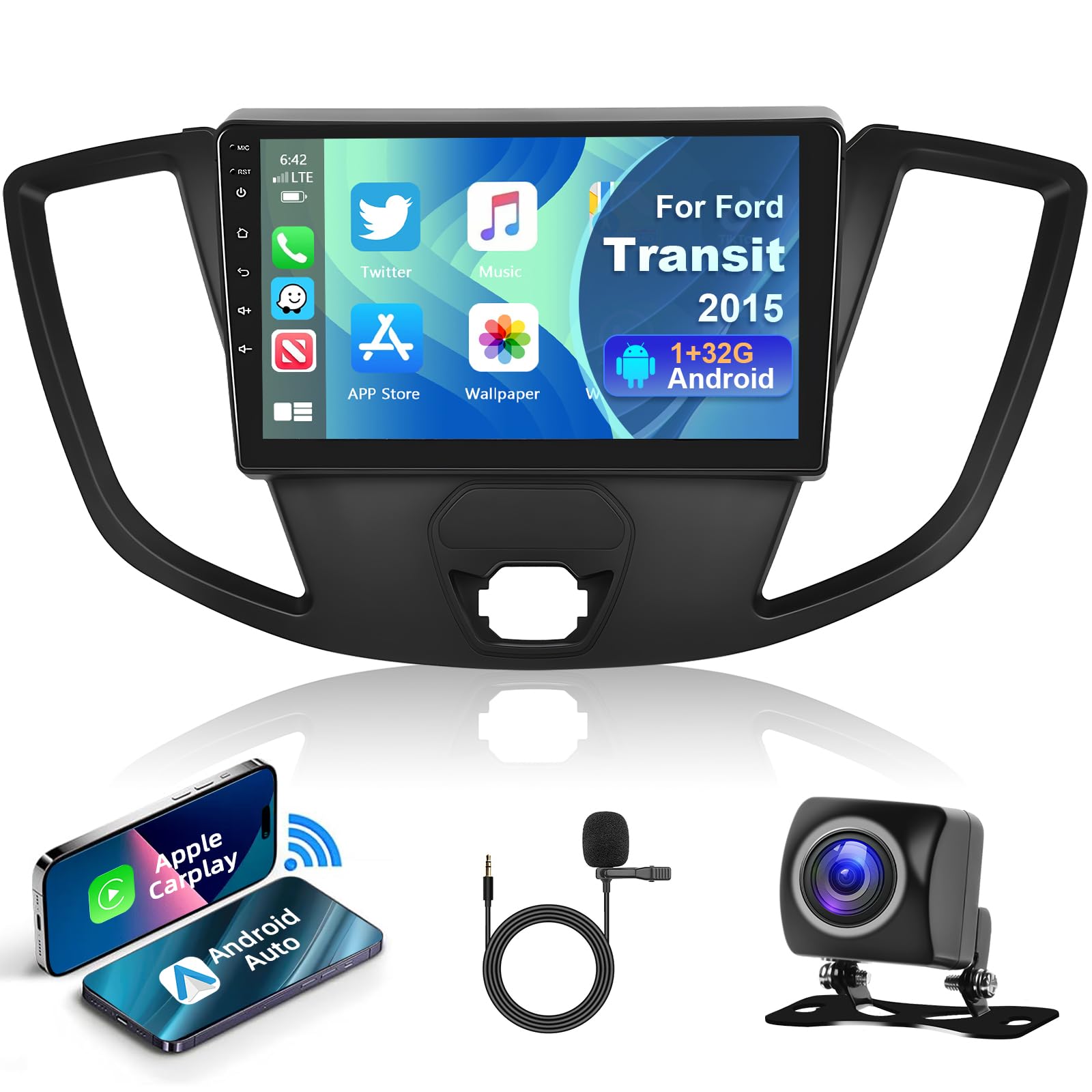 Podofo 9 Inch Android 13 Car Stereo with Wireless CarPlay & Android Auto for Ford Transit 2013-2019 | Bluetooth, GPS, Mirror Link, SWC, WiFi | Includes MIC & Backup Camera | Perfect for Road Trips, Commuting & Hands-Free Driving