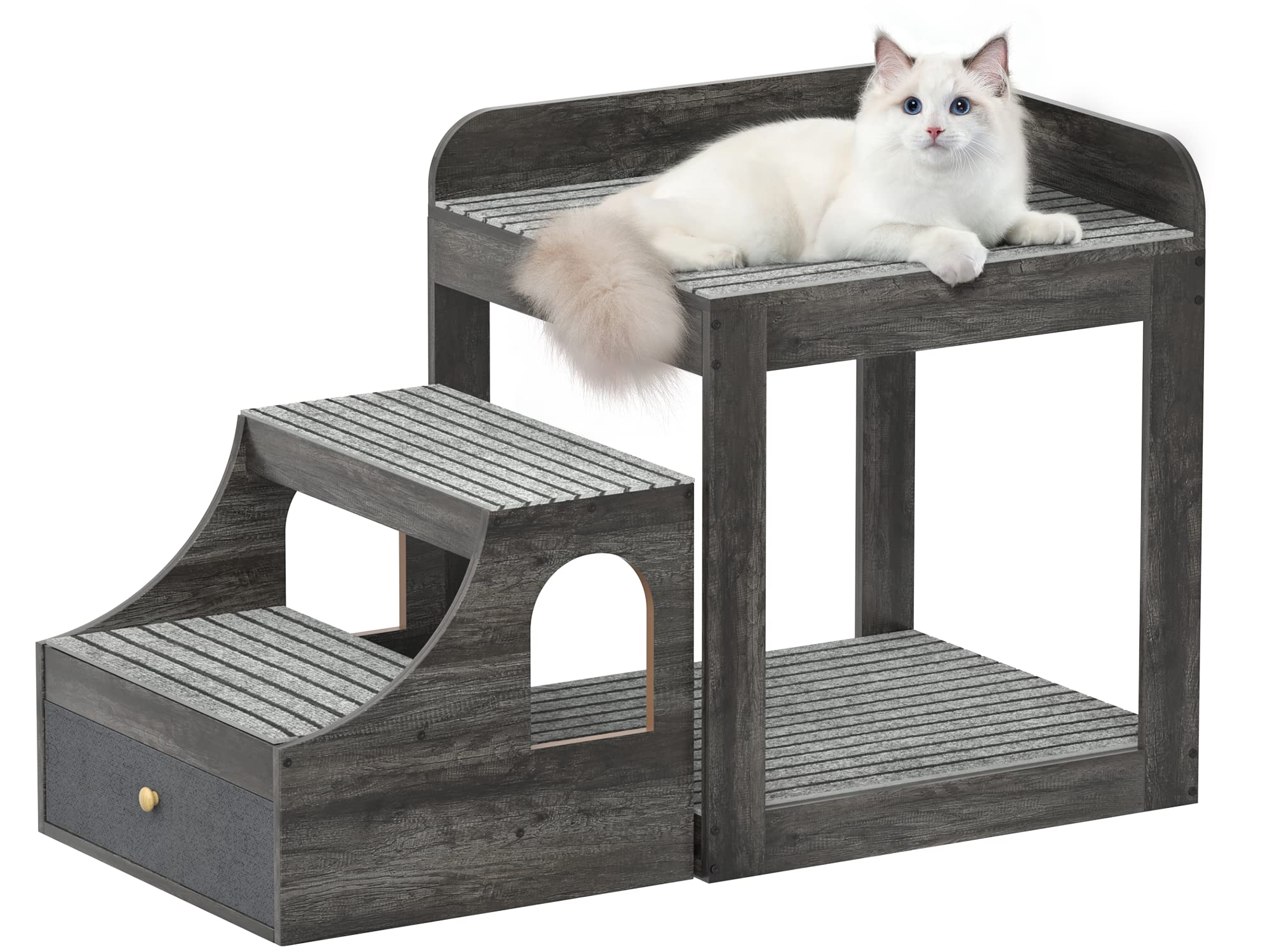Cyclysio Multi-Level Pet Window Perch with Stairs - Large Cat & Dog Bunk Bed with Cushioned Mats & Storage Drawers - Grey Indoor Pet Bed for Bedside, Living Room & Home Comfort