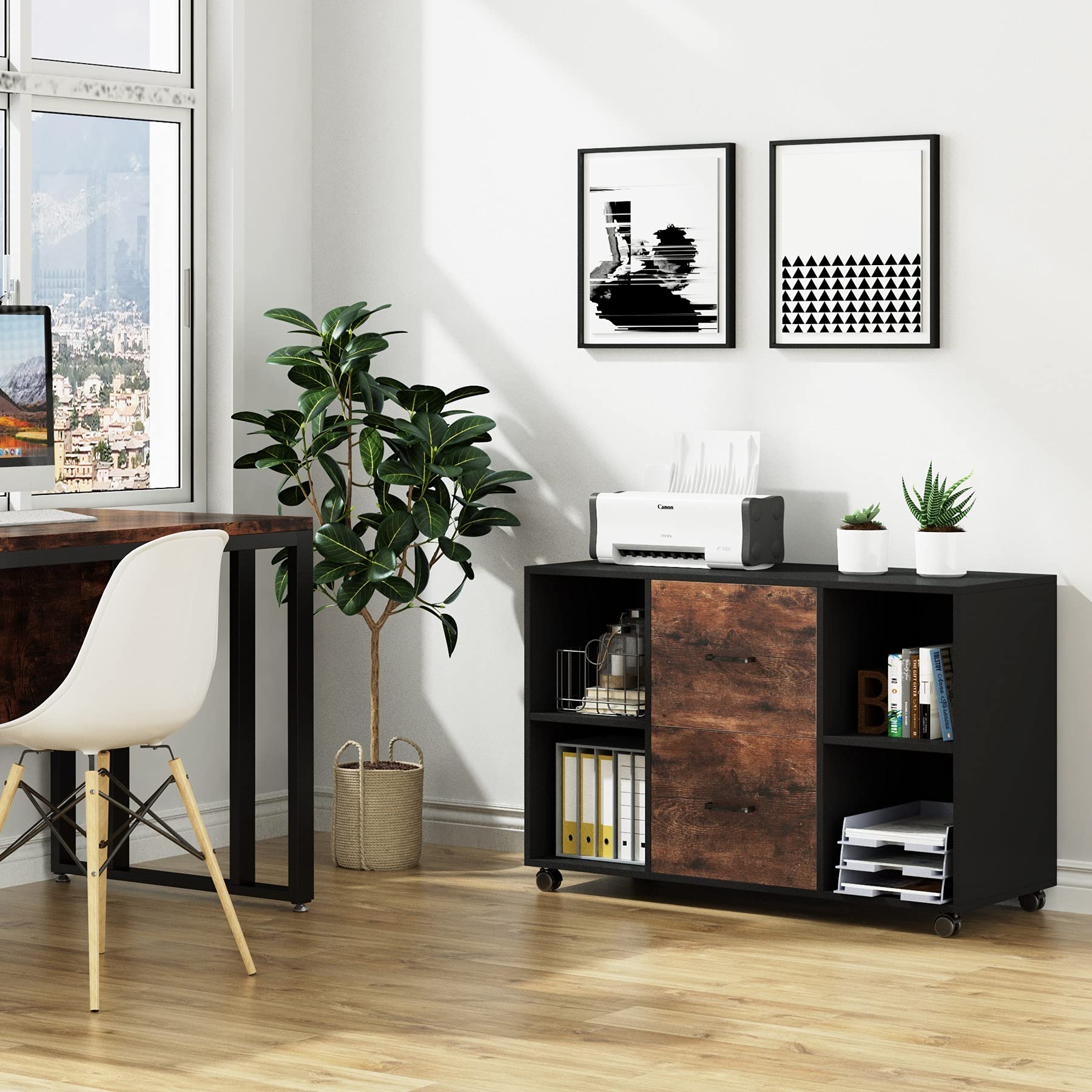 2 Drawer File Cabinet - Large Mobile Lateral Filing Cabinet for Letter Size Documents, Modern Wooden Printer Stand with Shelves & Wheels - Home Office Storage Solution for Files, Supplies & Equipment (Brown)