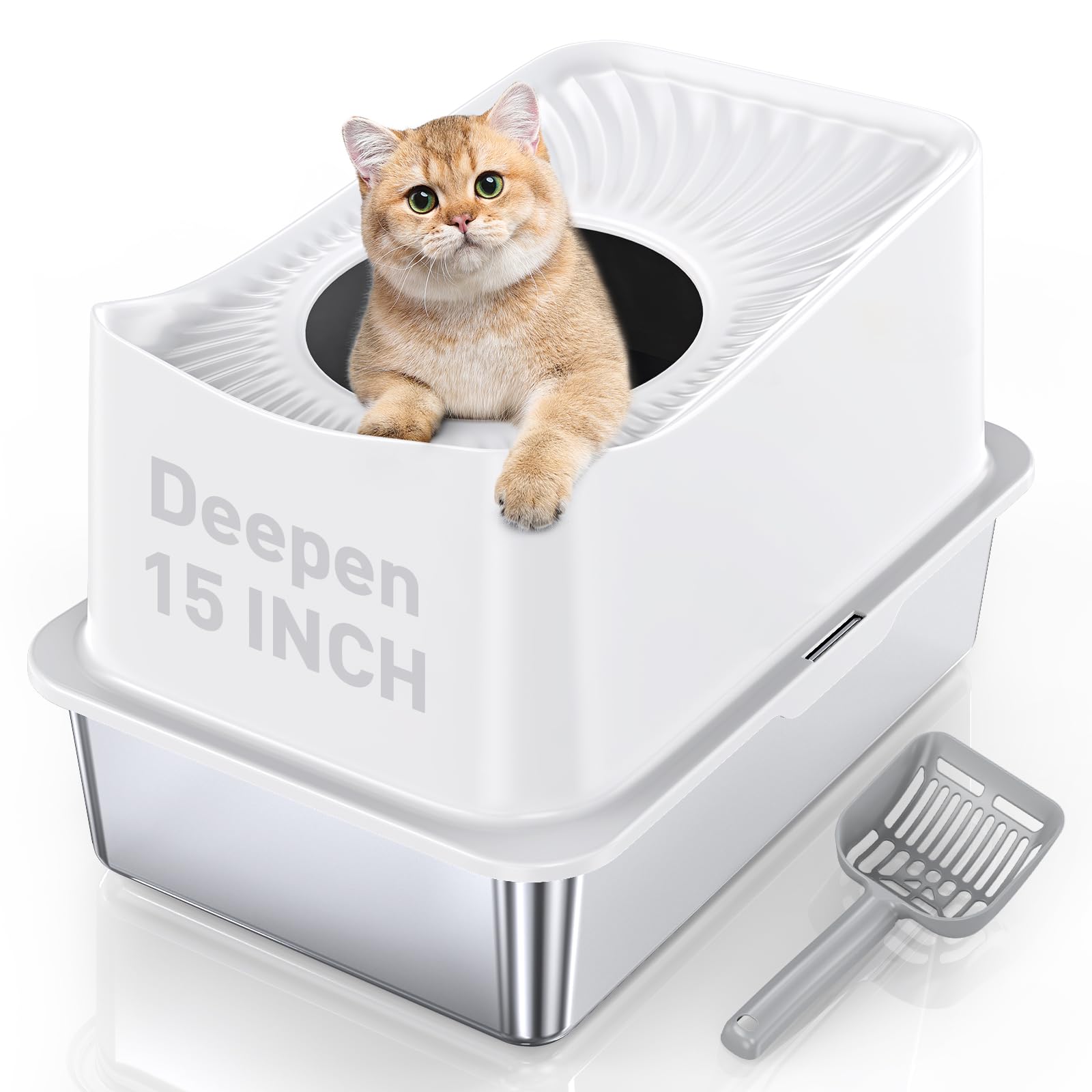Premium Stainless Steel Cat Litter Box with Lid - Large Top Entry Enclosed Litter Pan for Big Cats | Odor-Proof & Easy to Clean Metal Kitty Litter Box | Includes Scoop | Perfect for Home, Apartment & Multi-Cat Households