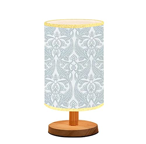Art Nouveau Minimalist Wooden Nightstand Lamp with Flaxen Fabric Shade - Bedside Table Light for Bedroom, Living Room & Nursing (Breastfeeding) - Seamless Repeating Pattern Design for Home Decor