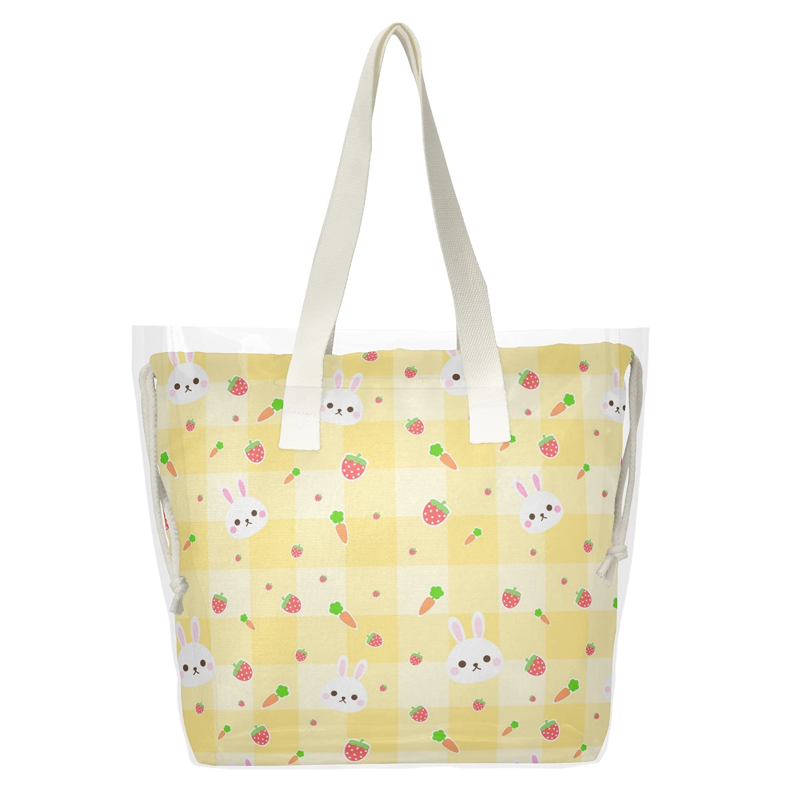 Women's 2-in-1 Clear Transparent Tote Bag - Rabbit Strawberry Carrot Print Shoulder Bag for Shopping, Beach & Stadium | See-Through Canvas Handbag for Date, Work & Casual Outfits | Perfect for Groceries, Travel & Everyday Use