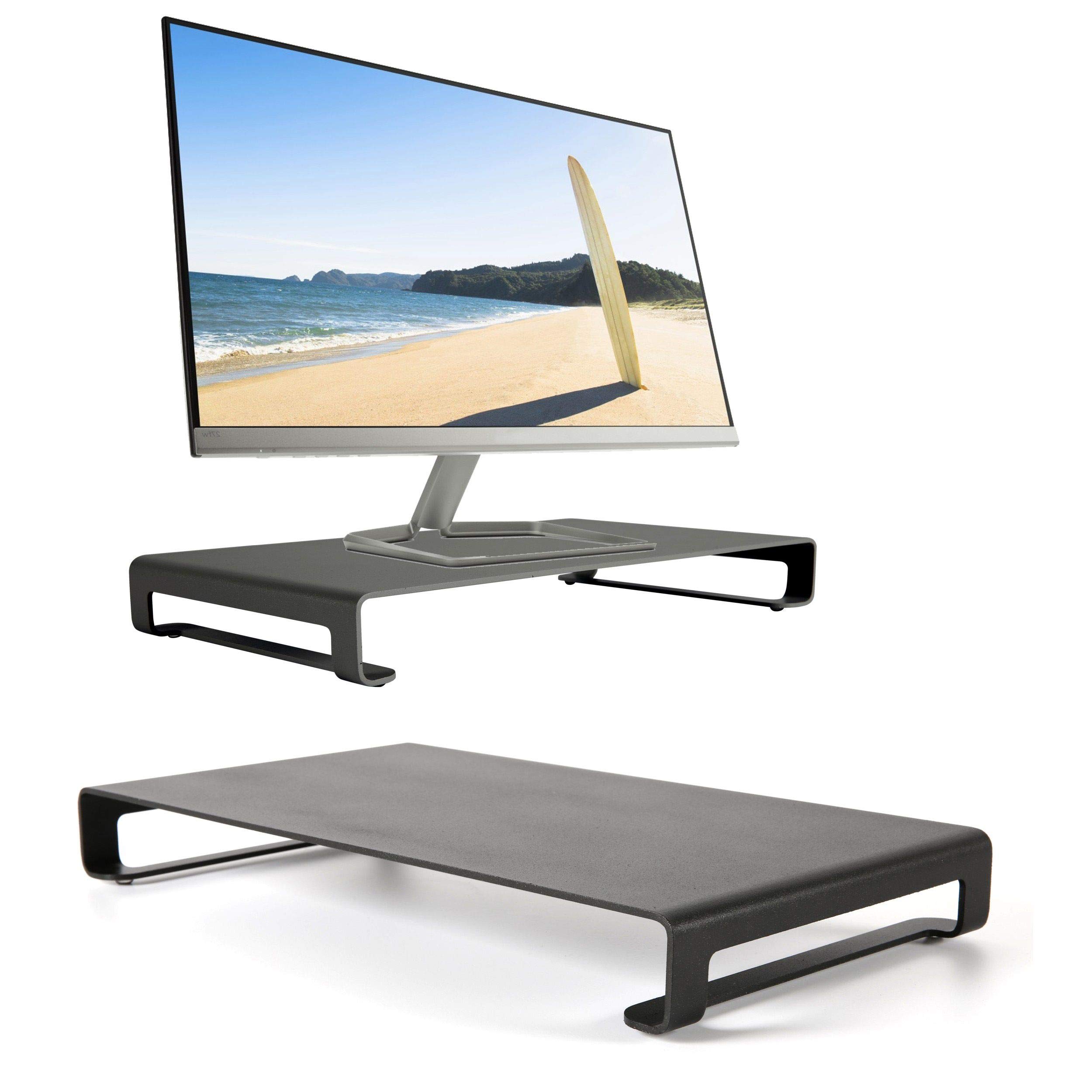 Universal Monitor Stand with 31 lbs Capacity - Heavy Duty Aluminum Metal Shelf Organizer for Office Desk & TV Mounting (Black, 2 Pack) - Perfect for Home Office Setup & Entertainment Center Organization